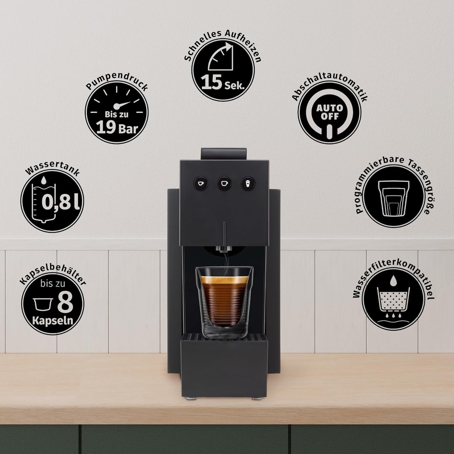 Espressomachine met K-FEE SQUARE capsules voor koffie, thee en cacao | Compacte espresso | Snelle verwarming | Watertank van 0,8 l | 19 maten | Pianozwart