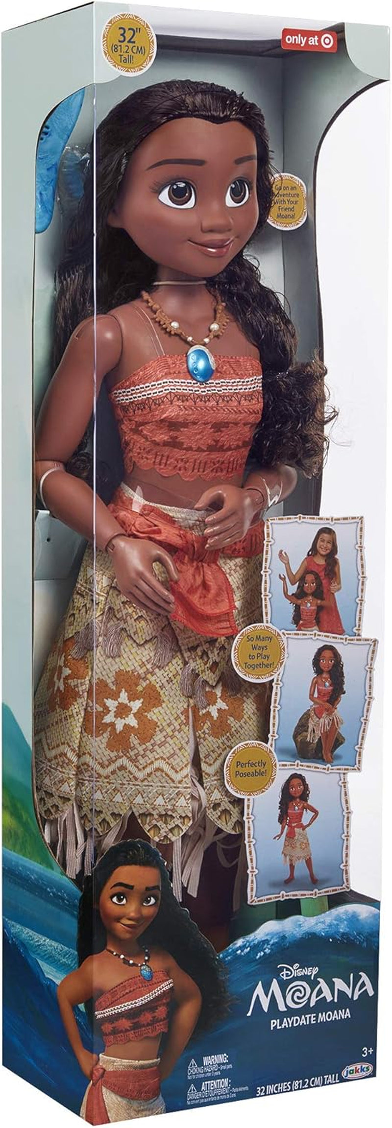 Disney Princess Vaiana, 80 cm grote speelpop van Jakks Pacific, bewegliche pop, met Bürste zum Kämmen ihrer welligen Locken, vom Film geïnspireerde Kleed, abnehmbare Halskette met Anhänger