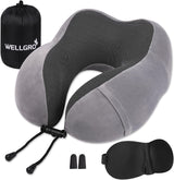 WELLGRO Nekkussenset met 3D-slaapmasker en oordopjes - Afneembare hoes - Traagschuim - Ritssluiting - Inclusief opbergtas - Reiskussen - Kleur selecteerbaar, Kleur: Grijs Naty Shop Grijs Orthopedische Cervicale Kussens