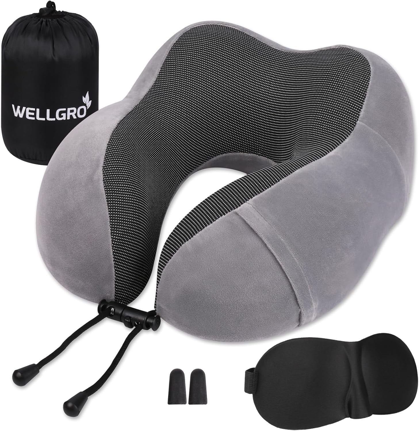 WELLGRO Nekkussenset met 3D-slaapmasker en oordopjes - Afneembare hoes - Traagschuim - Ritssluiting - Inclusief opbergtas - Reiskussen - Kleur selecteerbaar, Kleur: Grijs Naty Shop Grijs Orthopedische Cervicale Kussens