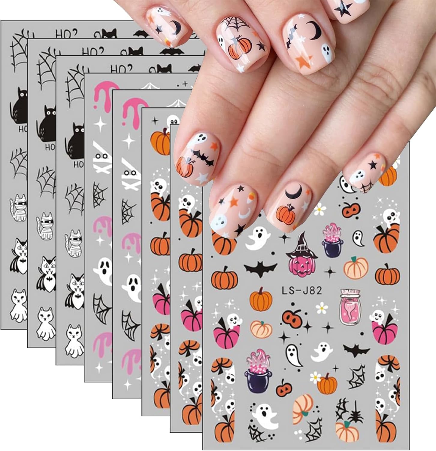 Nagelsticker Halloween, 8 Blätter Halloween Nagelsticker, Kürbis Nagelsticker, Nail Art, Nagel Charms, Nagel Zubehör, Nageldesign, Kerstmis (Typ A)