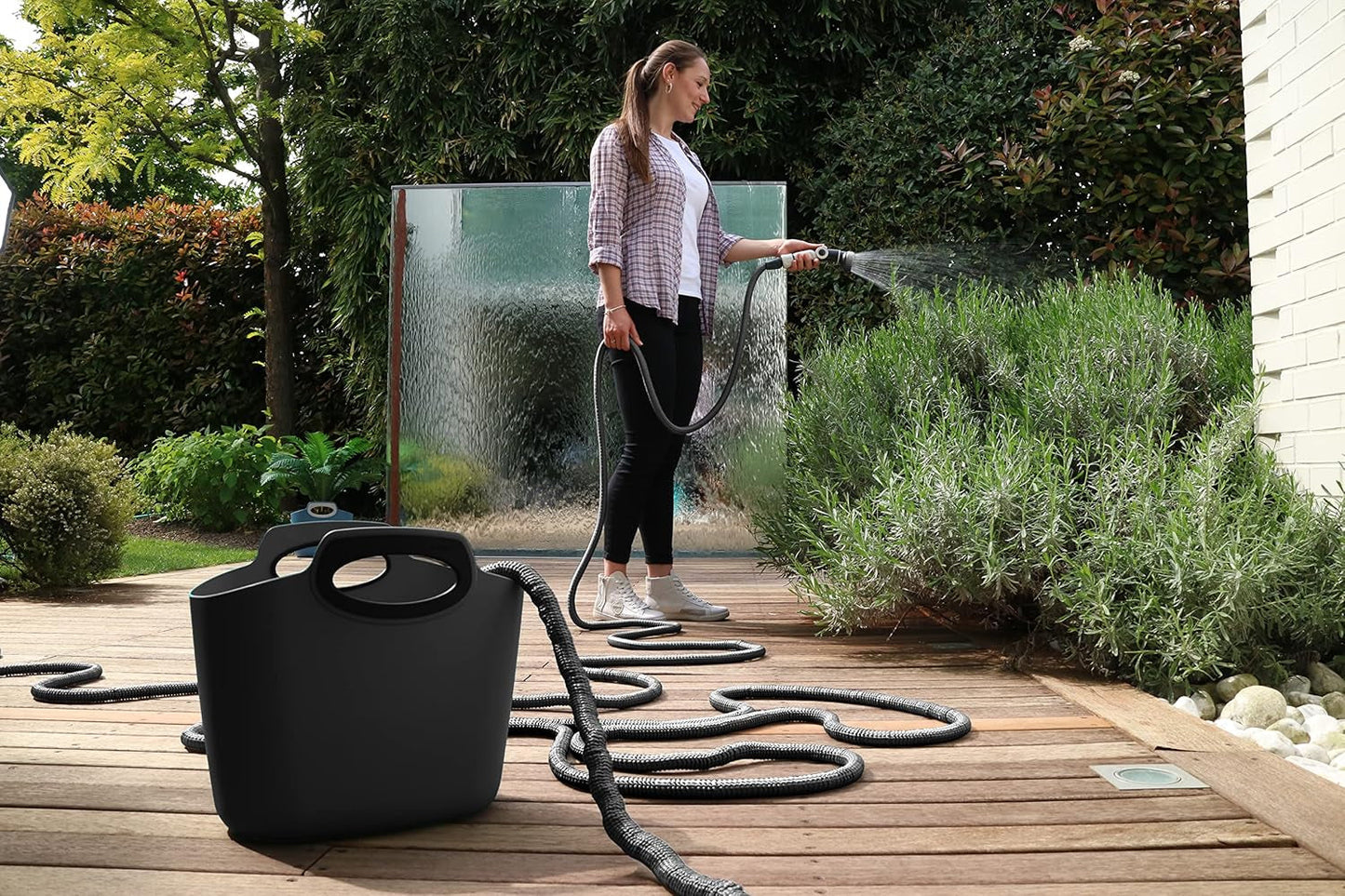 GF SRL, Aquapop Grey Limited Edition met 25 m zelfverlengende textielslang Made in Italy, zachte plastic zak, sproeiers en fittingen Lancia 8 voor tuinirrigatie, donkergrijs