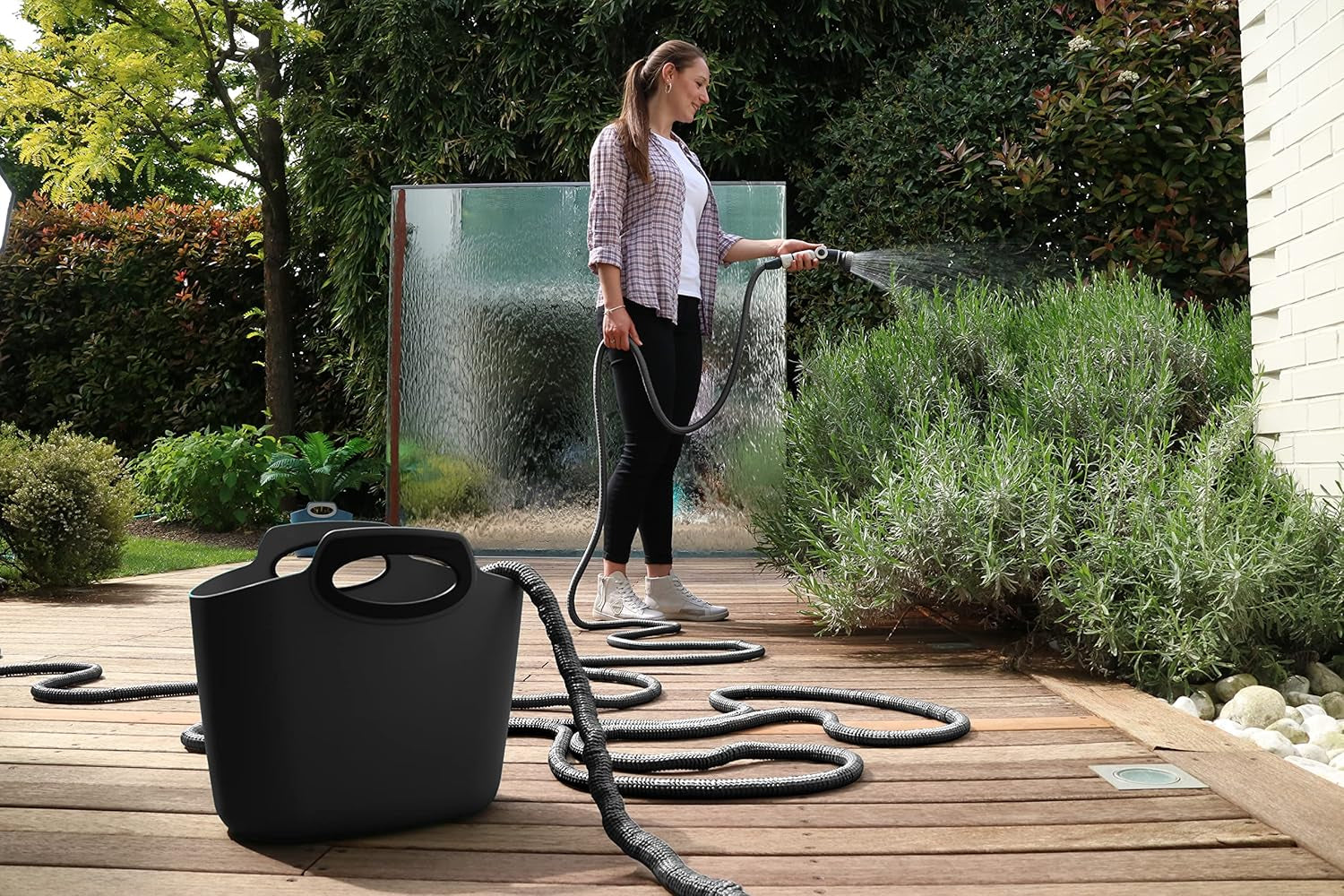 GF SRL, Aquapop Grey Limited Edition met 25 m zelfverlengende textielslang Made in Italy, zachte plastic zak, sproeiers en fittingen Lancia 8 voor tuinirrigatie, donkergrijs