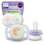 Philips AVENT Ultra Start Nachtfopspeen, orthodontische fopspeen voor pasgeborenen, Glow in the Dark, BPA-vrij, met sterilisatiecontainer, Twin Pack, Maan, Ster, SCF075/07