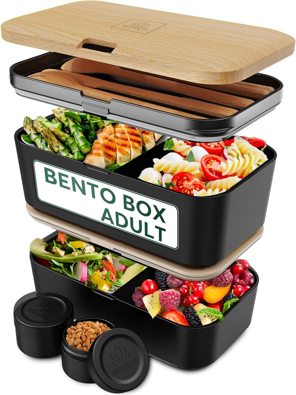 Umami lunchbox voor volwassenen, 4 bestek en compartiment lekvrije stapelbare bentobox, lunchbox voor volwassenen, saladecontainer voor onderweg, picknick-/kantoorlunchbox, houtskoolgrijs, 1500 ml Naty Shop zwarte beuken voedselbewaardozen - 1500 ml L - 1500 ml stapelbaar in elkaar