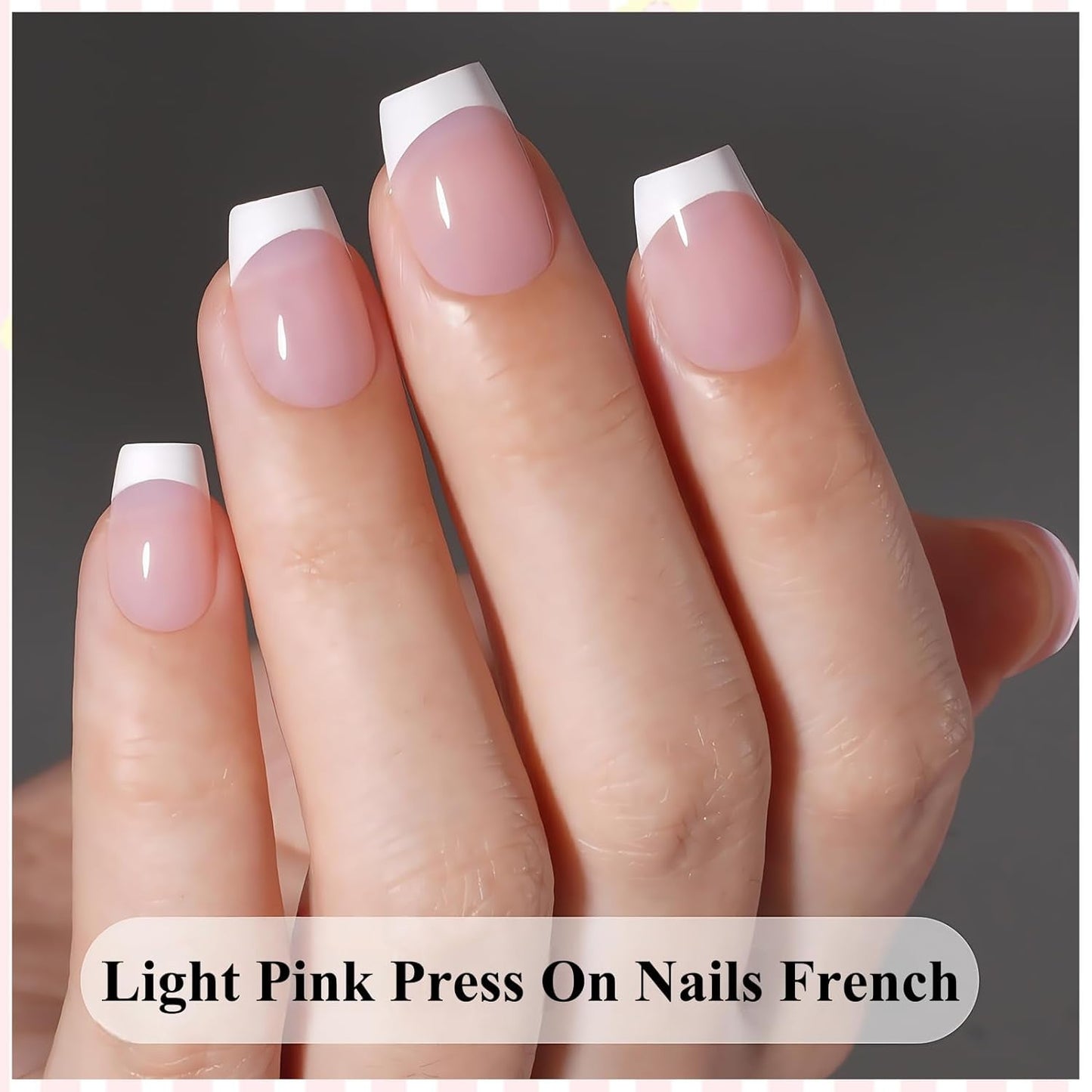 Lichtroze zelfklevende Franse nagels - 32 stuks lijm op Franse nagels - vierkante korte kunstnagels - ademende lijm op kunstnagels - volledige dekking kunstnagels voor dames (lichtroze)