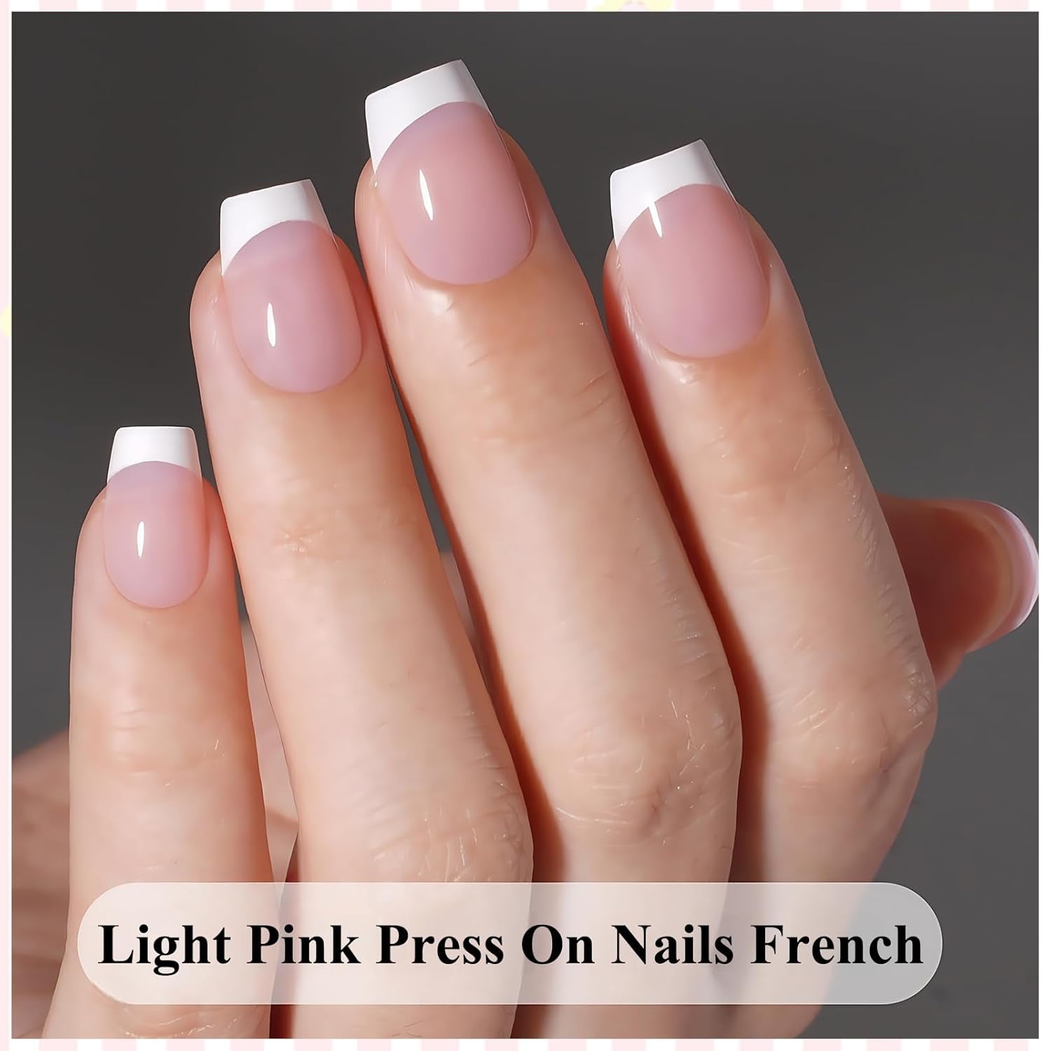 Lichtroze zelfklevende Franse nagels - 32 stuks lijm op Franse nagels - vierkante korte kunstnagels - ademende lijm op kunstnagels - volledige dekking kunstnagels voor dames (lichtroze)