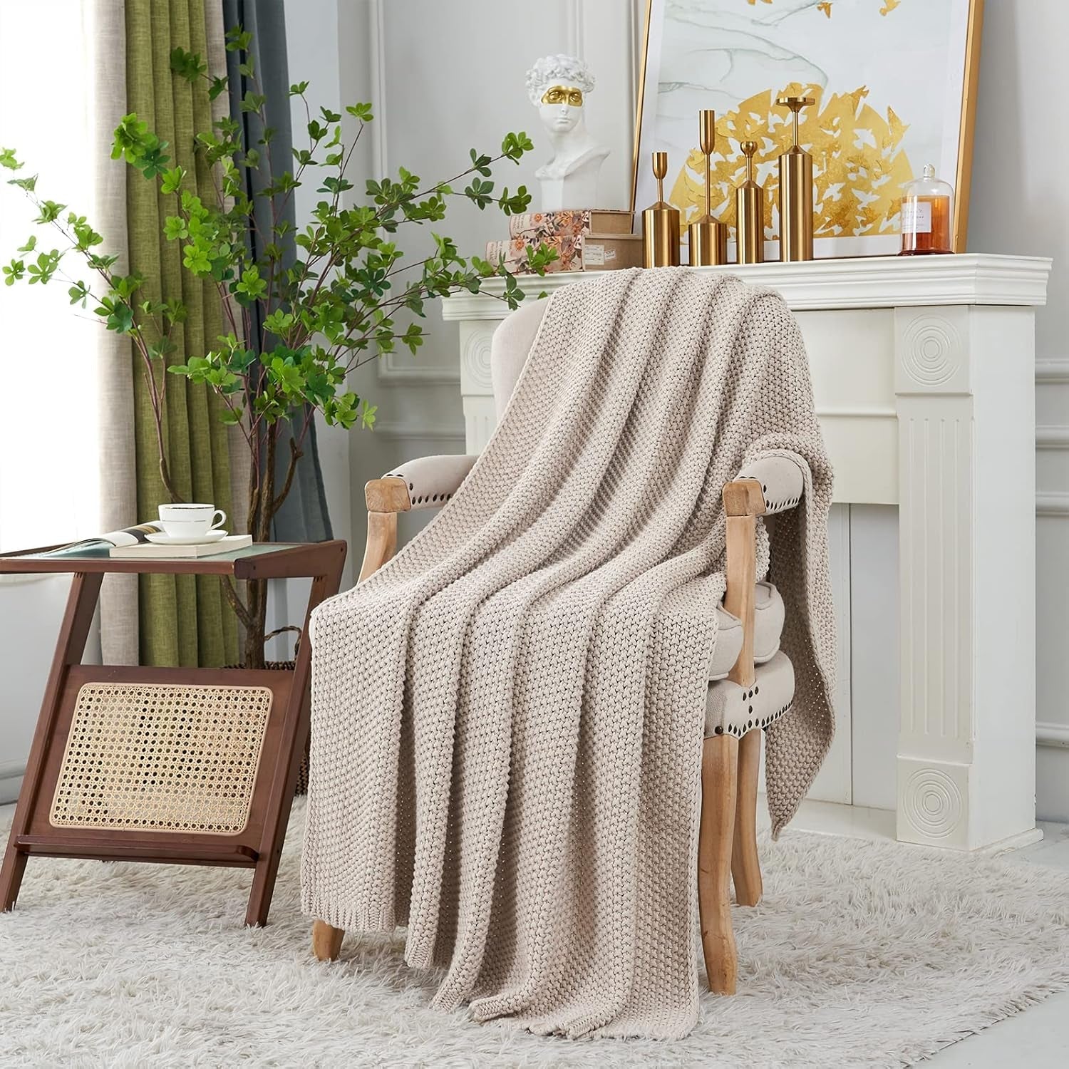 Grof gebreide deken, Lichtgewicht, Beige, 100% biologisch katoen, Deken voor bank, bank, bed, kind, kinderkamer, Rustiek, Shabby chic, Moderne boerderij, 152,4 X 203,2 cm, Inclusief waszak Bedden en dekens Longhui beddengoed