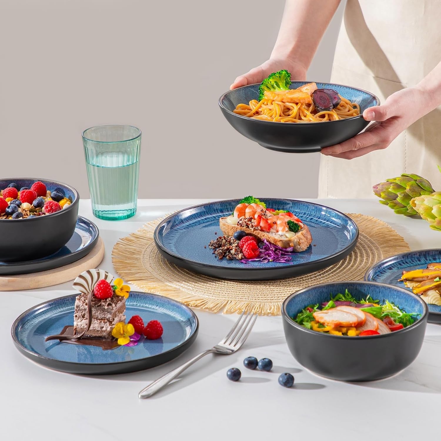 Serviesset voor 6 personen Vancasso PLAYA 24-delige porseleinen serviesset voor 6 personen Blauw inclusief borden, Suma-borden, schalen en saladeborden Vaatwasmachine- en magnetronbestendig
