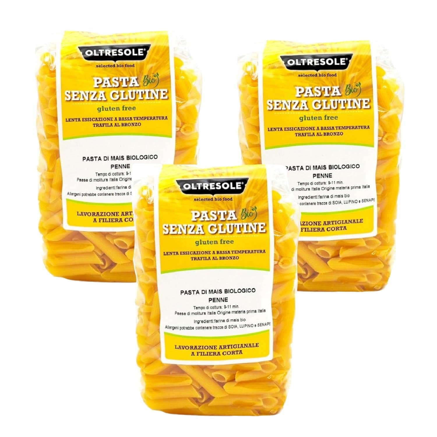 - Pasta di Mais Giallo Biologica Italiana Glutenvrij, Formato Penne - glutenvrije pasta, 100% farina di mais giallo biologisch, veganistisch, confezione da 3 pacchi da 350 g