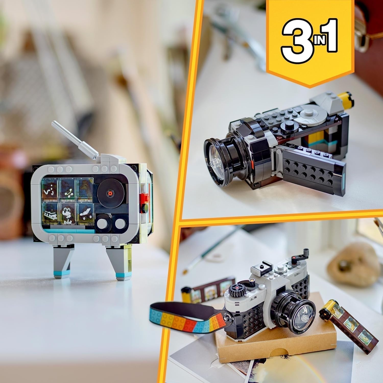 LEGO Creator 3in1 retrocameraspeelgoed, camcorder, tv-toestel, kinderbureaudecoratie of slaapkameraccessoires, fotografiecadeaus voor meisjes en jongens vanaf 8 jaar oud 31147 Bouwsets Bekijk de LEGO-Store