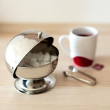 Relaxdays SWEETY suikerpot van roestvrij staal 14 x 13 x 13 cm (H x B x D) suikerbol met roldeksel rond snoepdoos zilver