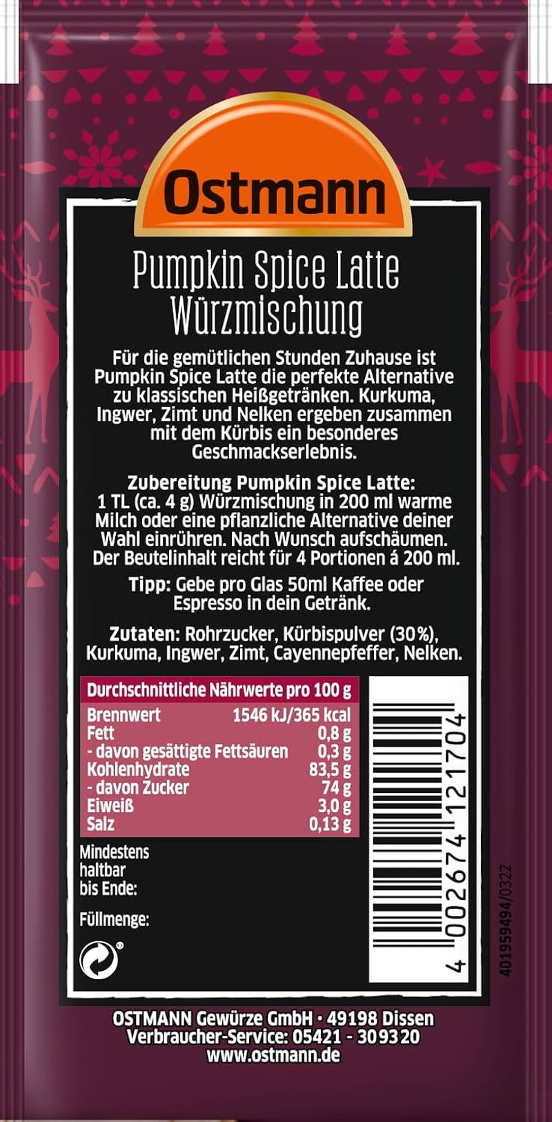 Ostmann Gewürze – Pumpkin Spice Latte Würzmischung, zum Einrühren in Milch met Kaffee of Espresso, met Kürbispulver, 16 g in Beutel (Verpackungsdesign kan abweichen)