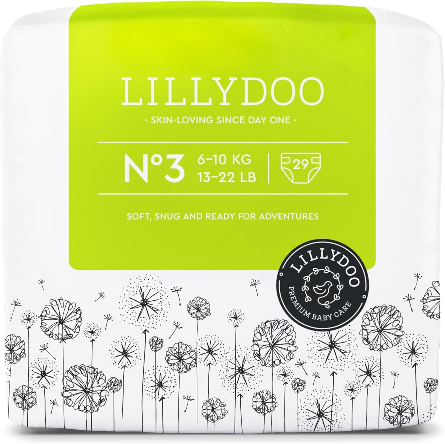 LILLYDOO Babyluiers Huidvriendelijk - Maat 3 (6-10kg), 29 stuks, Betrouwbare lekbescherming, Zacht, Geurvrij en Lotionvrij voor gevoelige huid, Dermatologisch getest