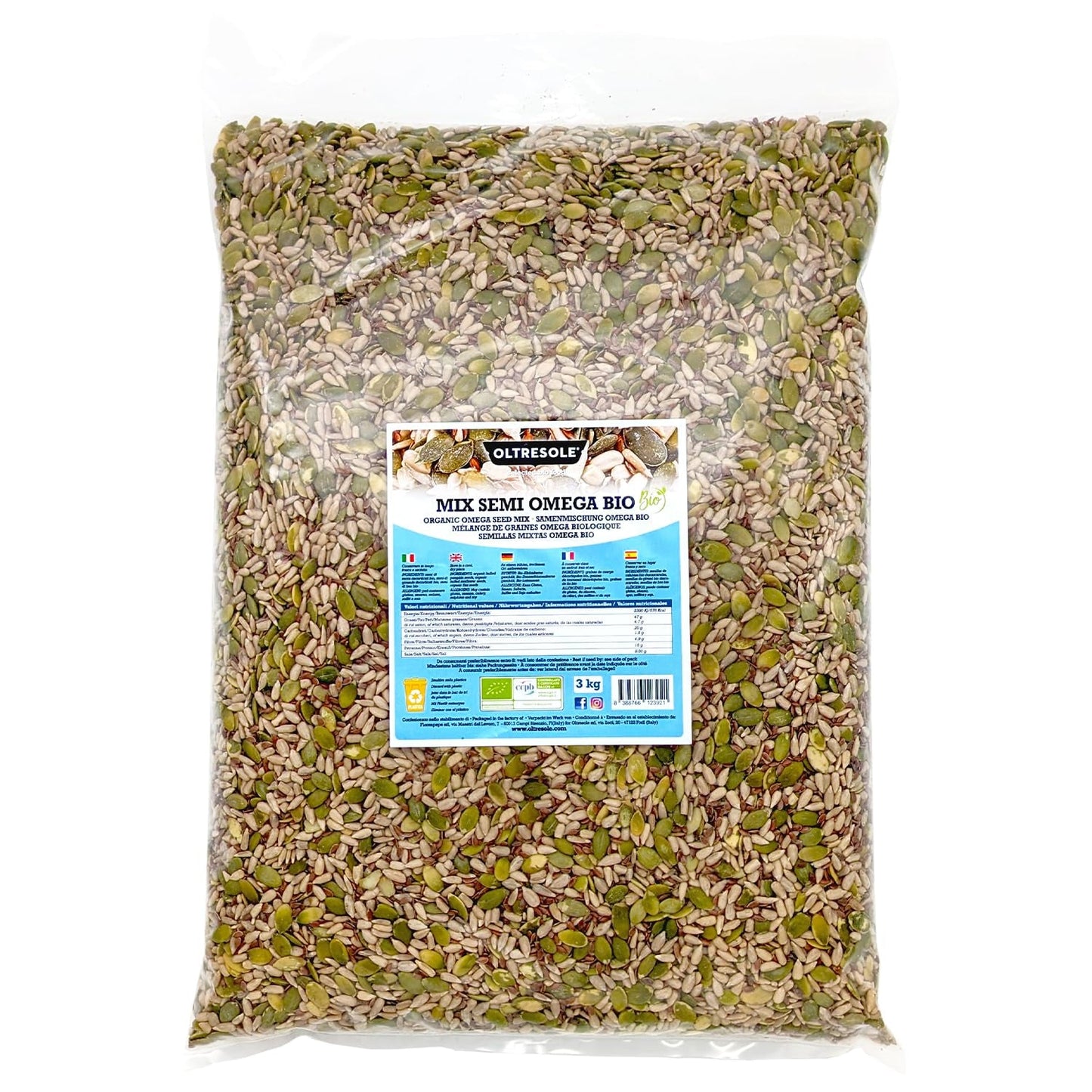 Biologische Omega Zadenmix 3 kg (mengsel van pompoen-, zonnebloem- en lijnzaad), een mix van 3 hele rauwe oliezaden, rijk aan eiwitten, vezels en omega-3-vetzuren