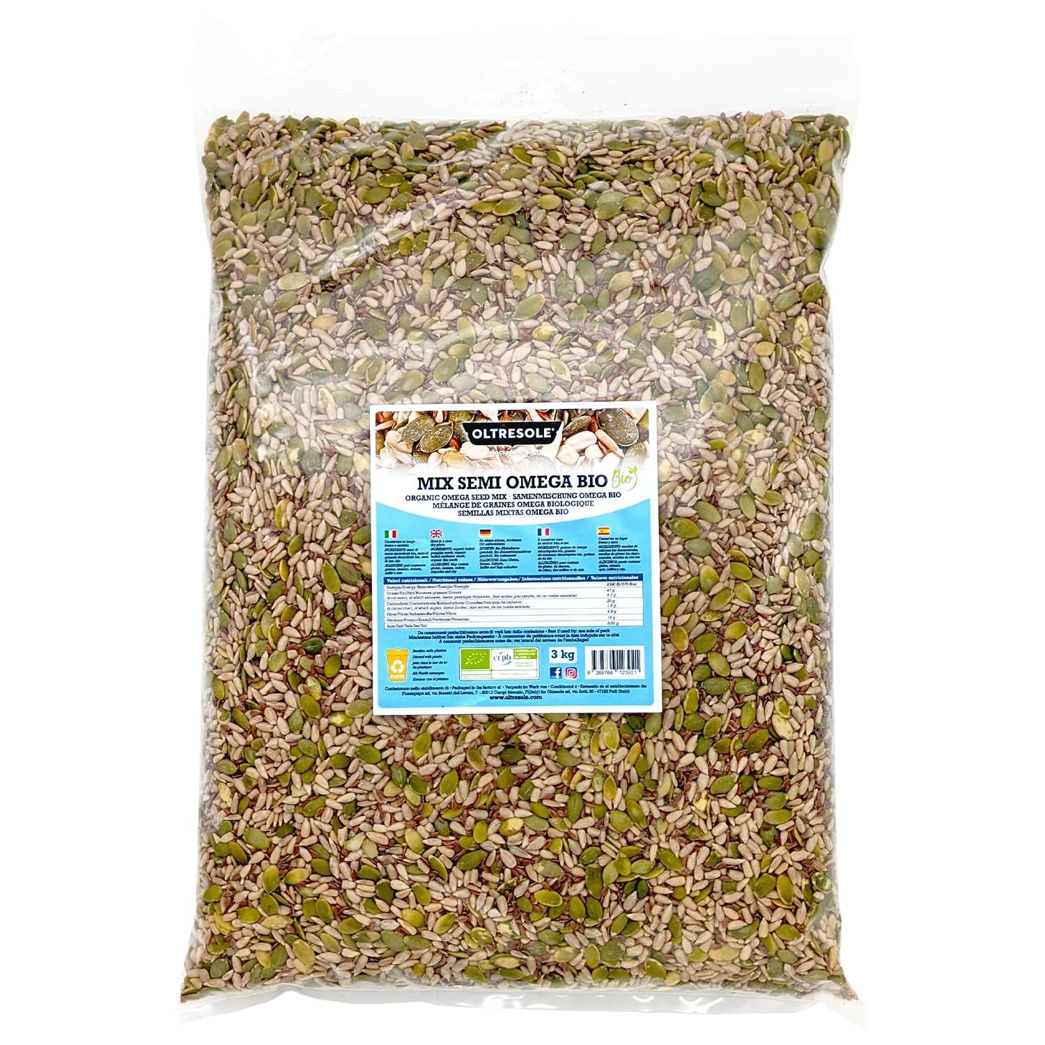 Biologische Omega Zadenmix 3 kg (mengsel van pompoen-, zonnebloem- en lijnzaad), een mix van 3 hele rauwe oliezaden, rijk aan eiwitten, vezels en omega-3-vetzuren