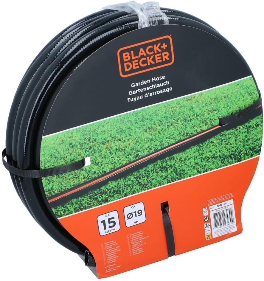 BLACK+DECKER Tuinslang 15 meter - Ø19MM - Duurzaam PVC - Tuin besproeien, auto wassen, zwembad vullen - Compatibel met elke standaard kraan - Zwart/Oranje