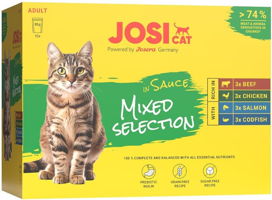 Multipack Gemengde Selectie in Saus (12 x 85 g) | Volwassene | Premium natvoer in saus voor volwassen katten Multipack mythe 4 Sorten | Ohne Konservierungsmittel | 12 pakjes