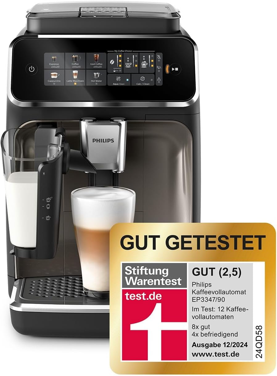 PHILIPS automatische espressomachine 3300 serie - 6 dranken, modern kleurentouchscreen, LatteGo melkbereidingssysteem, SilentBrew, 100% keramische molen, AquaClean filter. Zwart chroom (EP3347/90)
