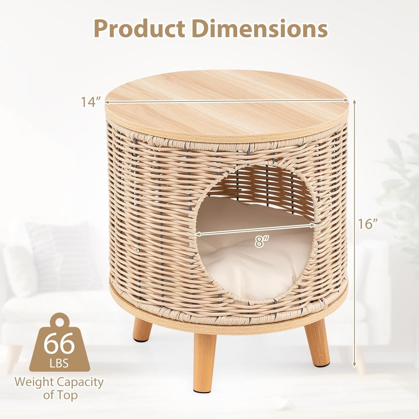 Katzenhaus Rattan, Katzenmöbel mit Holzbeinen & soft Kissen, 3 in 1 Katzenhöhle Fußhocker Nachttisch, Katzenbett stabil bis 30 kg voor Wohnzimmer Schlafzimmer