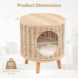 Katzenhaus Rattan, Katzenmöbel mit Holzbeinen & soft Kissen, 3 in 1 Katzenhöhle Fußhocker Nachttisch, Katzenbett stabil bis 30 kg voor Wohnzimmer Schlafzimmer