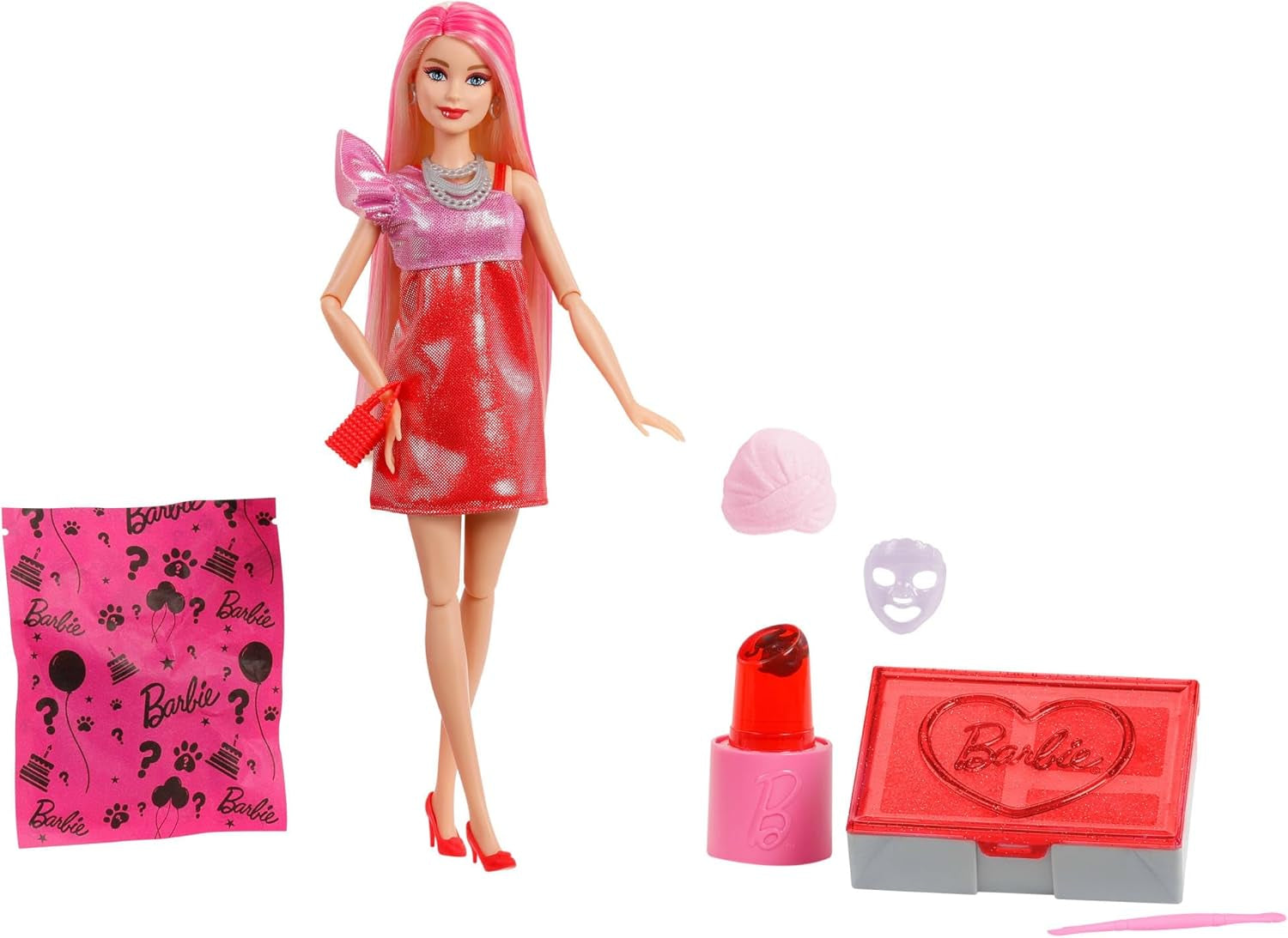 Barbie Party-pop zonder doos en accessoires, Glam Party-serie met 10 verrassingen, waaronder een felrode pop met kleurveranderingseffect, JFY68
