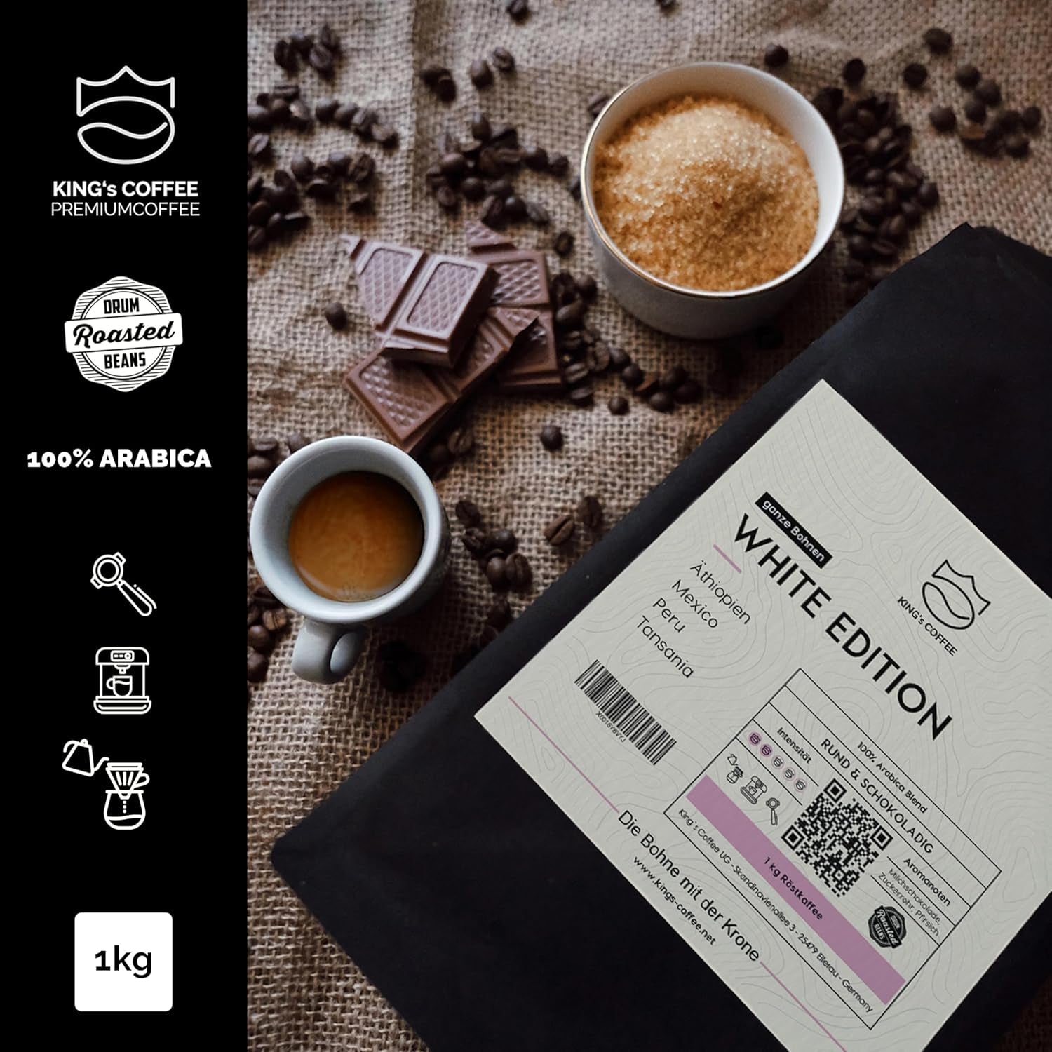 KING'S COFFEE - WHITE EDITION - lichte blend 100% Arabica uit Ethiopië, Mexico, Peru en Tanzania - kleine batching in Italië - hele espressobonen voor portafiltermachines - 1 kg