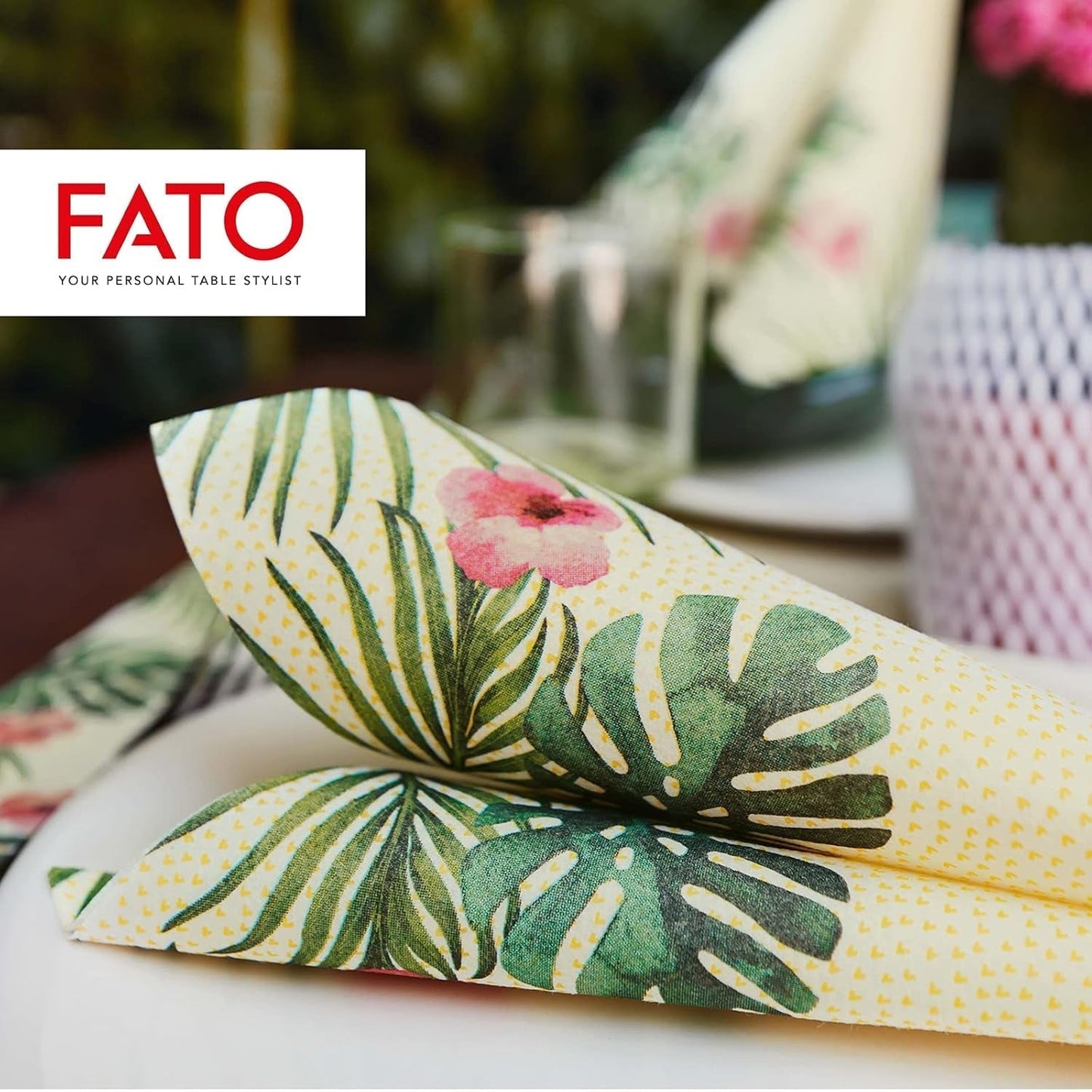 Fato - Droogpapieren servetten, airlaid, textieleffect, verpakking van 50 servetten, 40X40 gevouwen in 4-formaat, Tropicana Decor