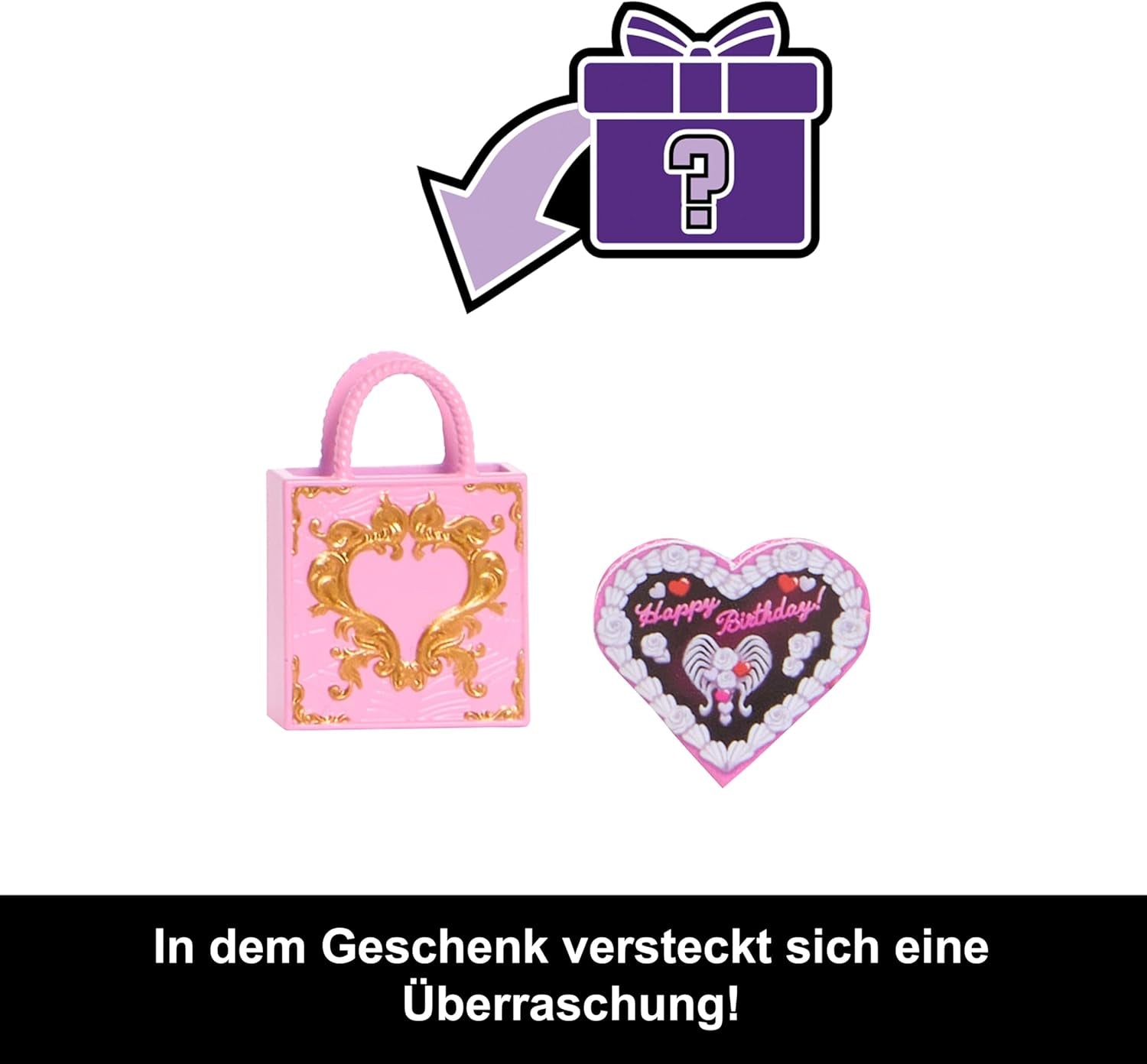 Monster High Scary Sweet Birthday Cupido Asteria-pop in roze en rode feestjurk met thema-accessoires zoals uitnodiging, ballon, cadeau en meer, JBG77