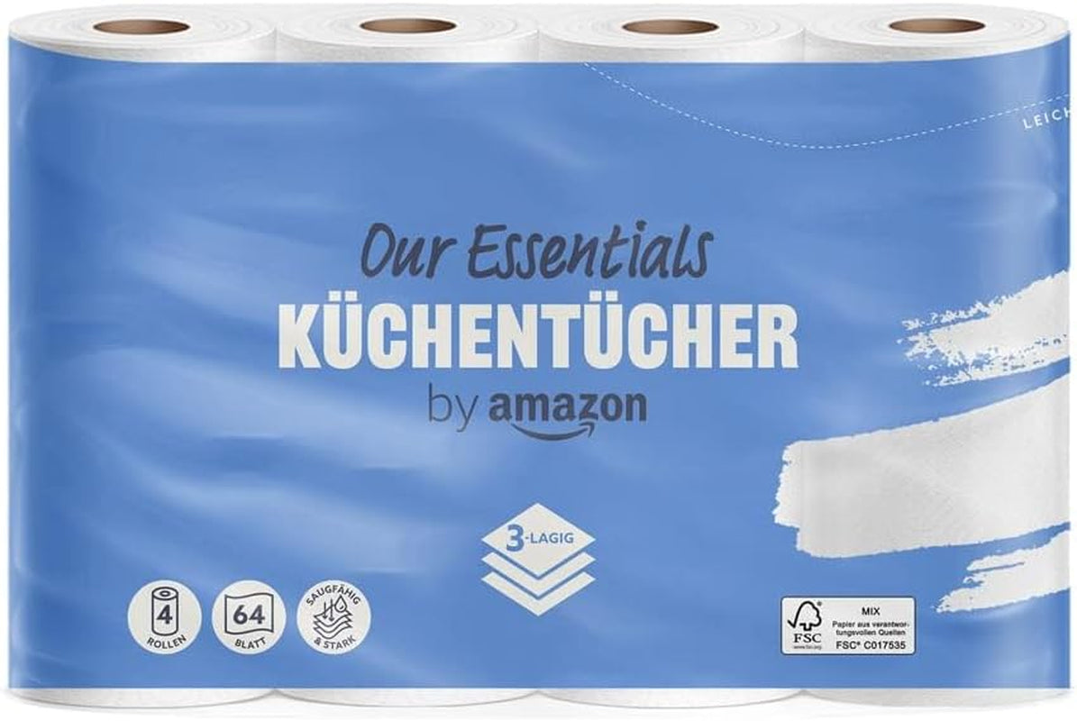 By Amazon Keukenrol, 3-laags, 16 rollen (4 rollen, 4 stuks), 64 vellen per rol, FSC-gecertificeerd