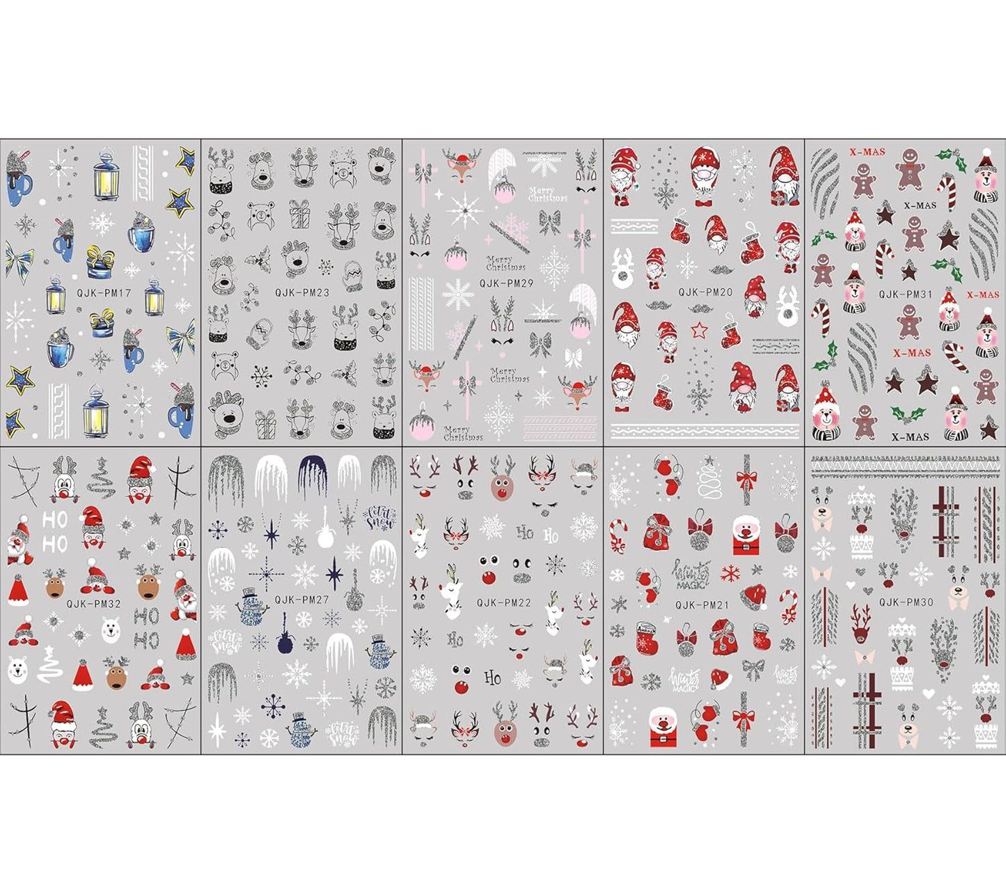 JMEOWIO Nagelsticker Glitzer Weihnachten 10 Blatt Nail Art Sticker Selbstklebend Nagelaufkleber Schneeflocken Winter Decoratie Nageldesign Zubehör
