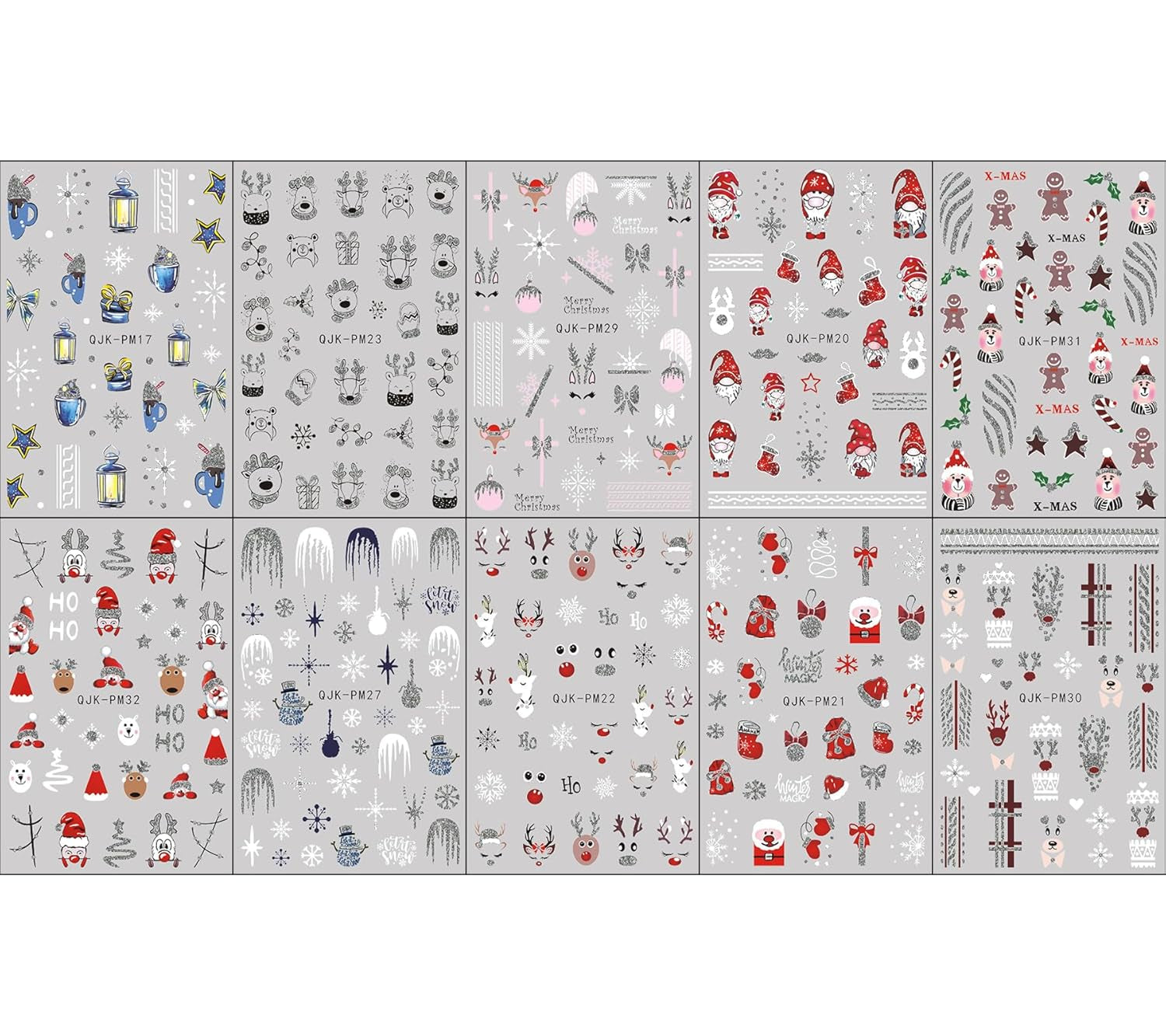 JMEOWIO Nagelsticker Glitzer Weihnachten 10 Blatt Nail Art Sticker Selbstklebend Nagelaufkleber Schneeflocken Winter Decoratie Nageldesign Zubehör