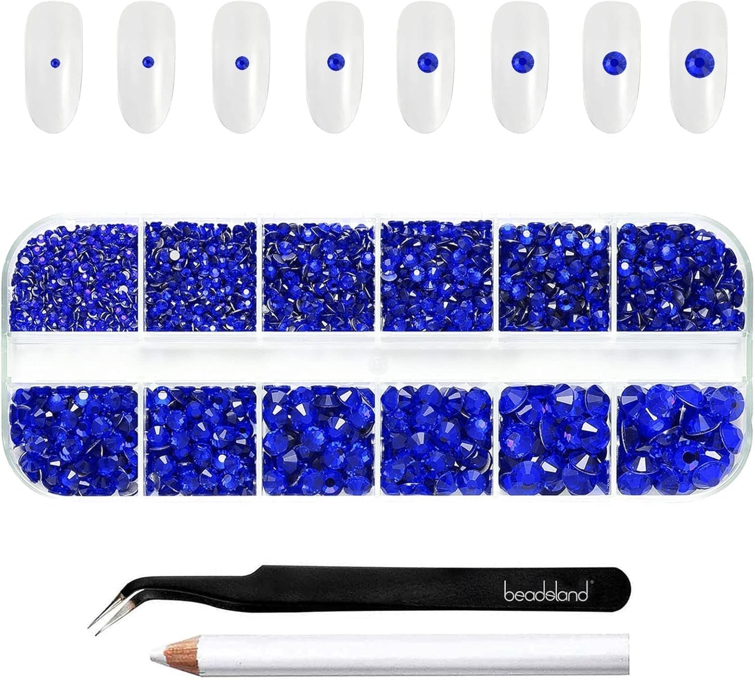 Beadsland 2500 stuks glas Nailart Strasssteine ​​Kristall Flatback Edelsteine ​​Runde, voor handwerk Gemischt 8 Größen SS4 ~ SS30 Mit Picking Pinzette en Stift (Kristall Weiss)