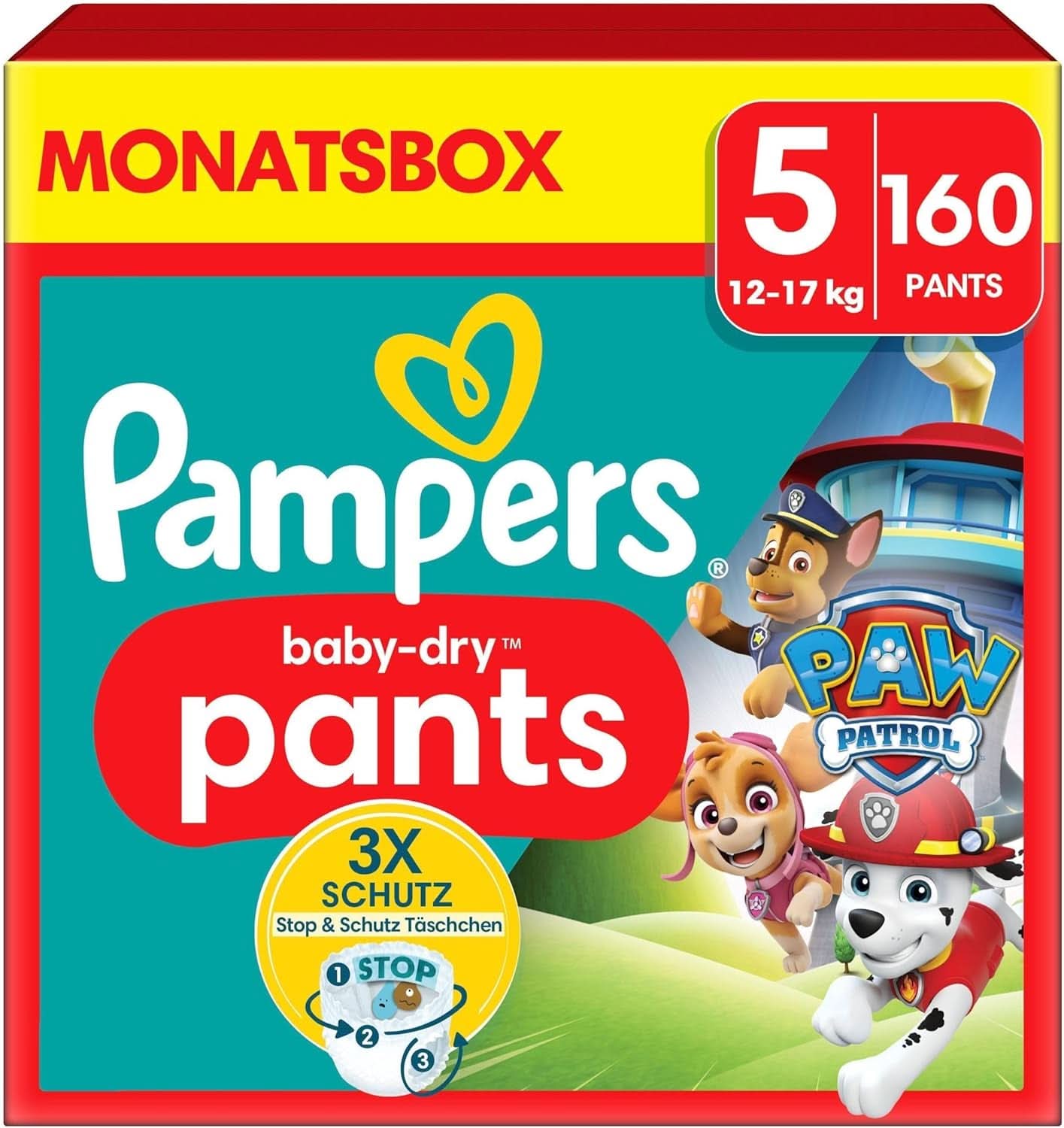 Pampers luiers Paw Patrol Broek maat 5 (12-17Kg) Baby-Dry, Junior met Stop and Protect zak, MAANDDOOS, 160 luiers Naty Shop 5 (160 stuks) Nieuw