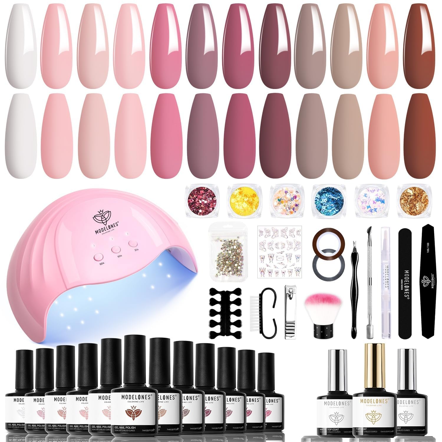 Modelones 35-delige gelnagellakset, UV-nagellakset met 48W-lamp, nude bruin wit roze gelnagellakset, UV-gelnagellakset met toplaag basis nagelstudioset
