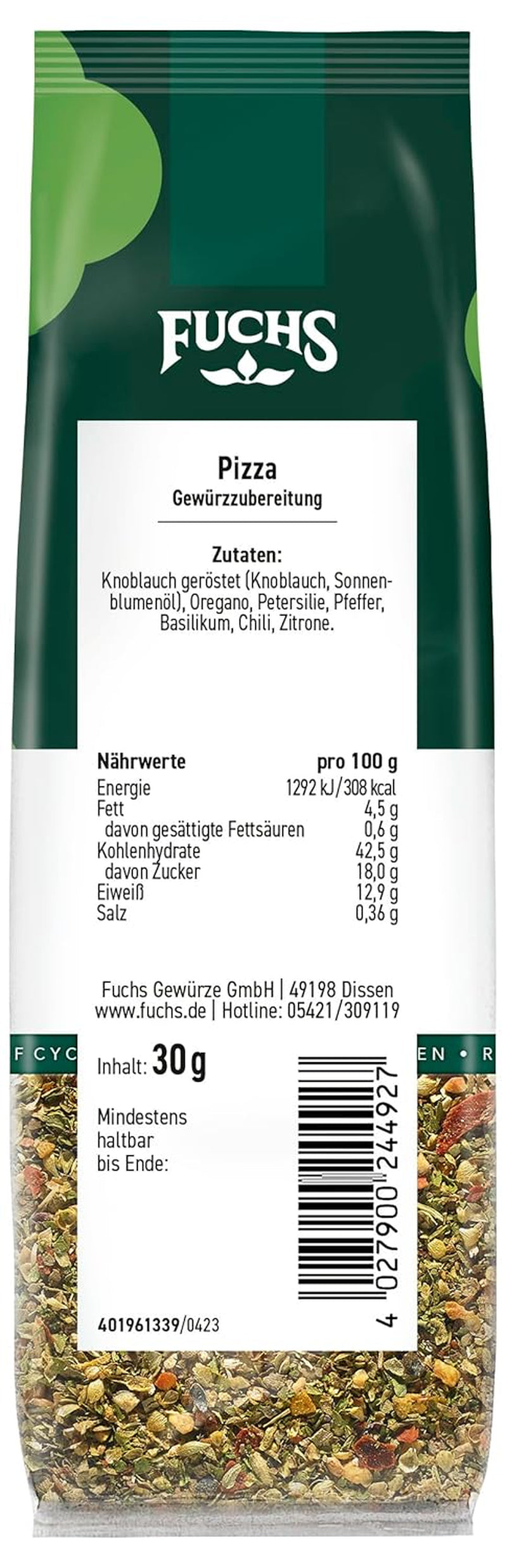 Fuchs Gewürze - Pizza Gewürzzubereitung in recyclebaar Nachfüllbeutel, Gewürzmischung mit Italianen Kräutern, ideaal voor Bruschetta - 30 g