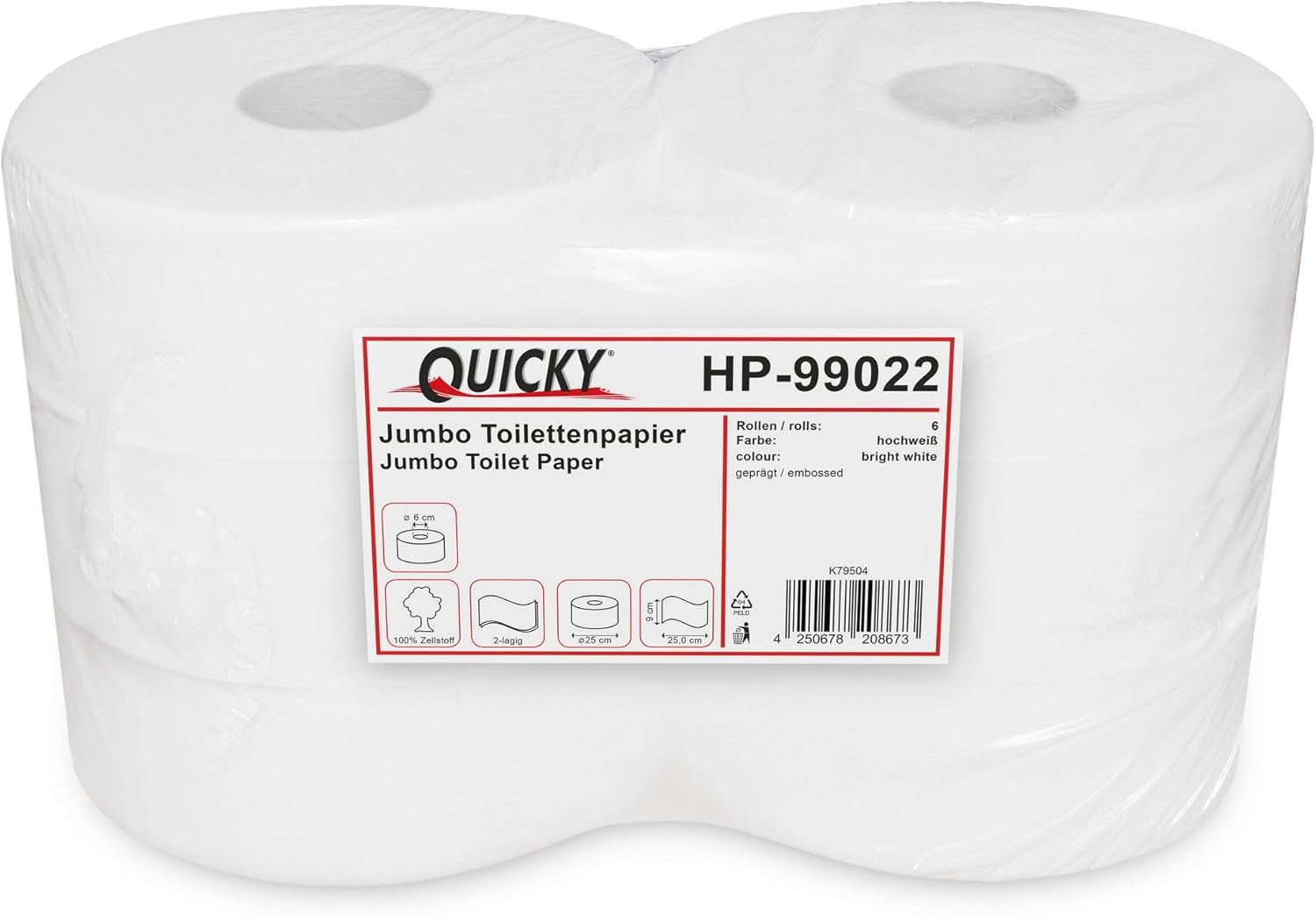 Quicky Jumbo 2-laags toiletpapier, 25 cm Ø, helderwit, reliëf met fijne stippen, 6 rollen - absorberend en scheurbestendig voor maximale hygiëne, ideaal voor openbare instellingen en industrie
