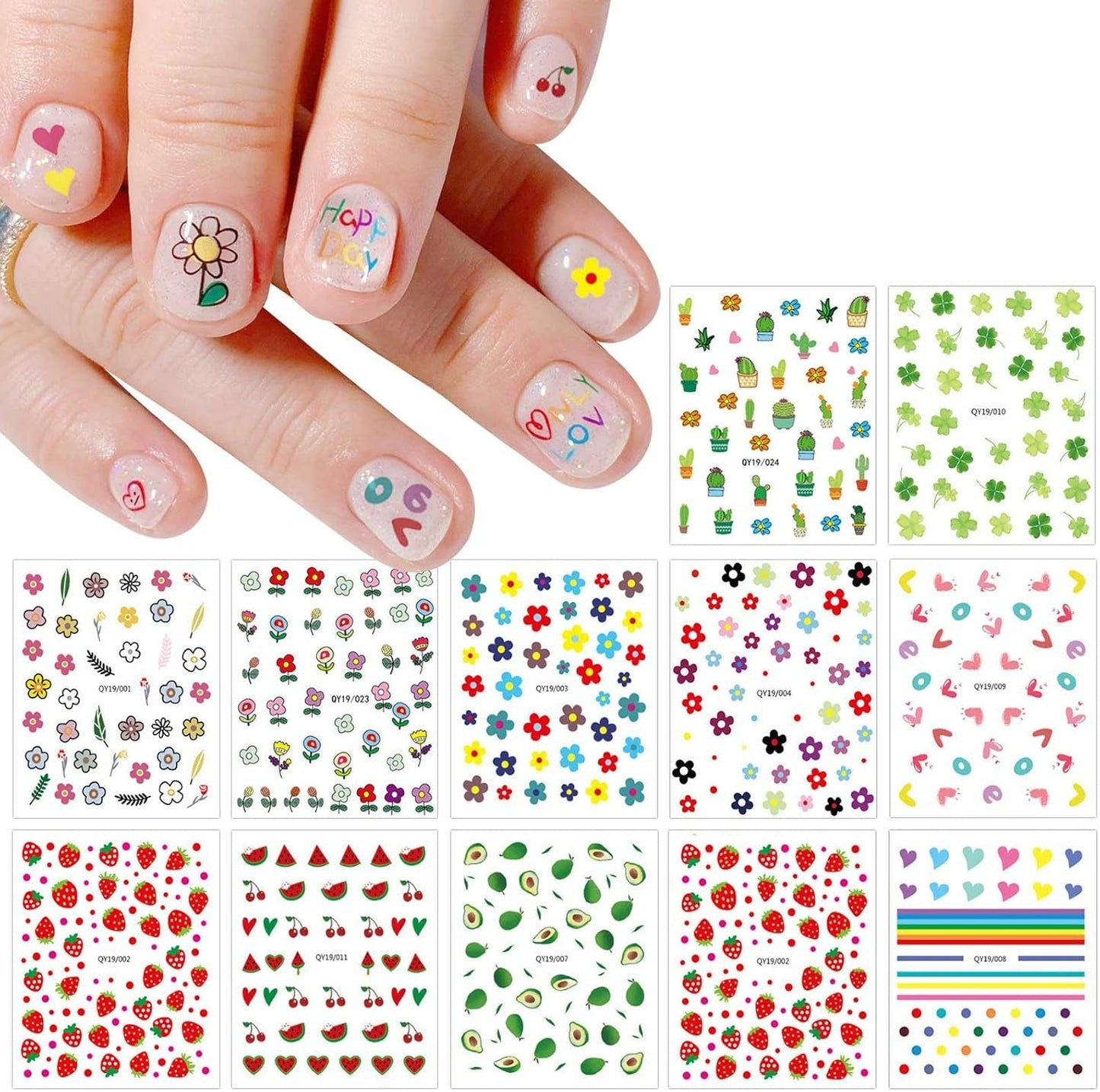 JMEOWIO Süße Nagelsticker Für Kinder 14 Blatt Nail Art Sticker Selbstklebend Nagelaufkleber Regenbogen Blumen Frucht Decoratie Nageldesign Zubehör