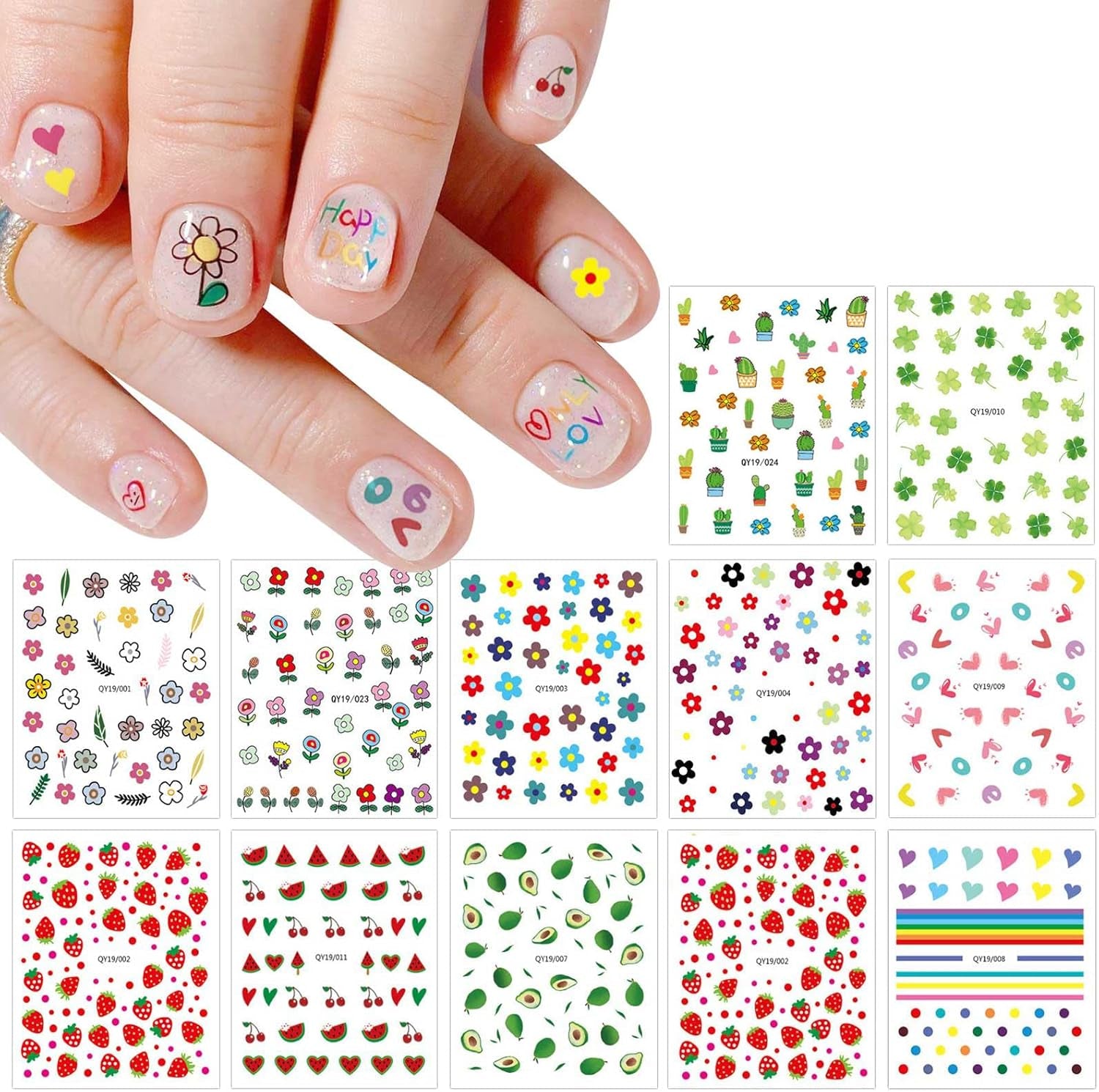 JMEOWIO Süße Nagelsticker Für Kinder 14 Blatt Nail Art Sticker Selbstklebend Nagelaufkleber Regenbogen Blumen Frucht Decoratie Nageldesign Zubehör