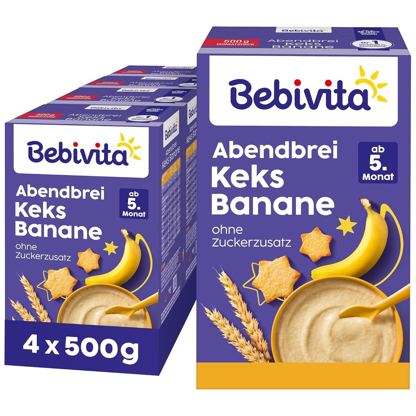 Avondpap met koekjes en bananen (4x500g), melkpap vanaf 5 maanden, zonder toegevoegde suiker, met waardevolle mineralen en vitamines, zeer vullend