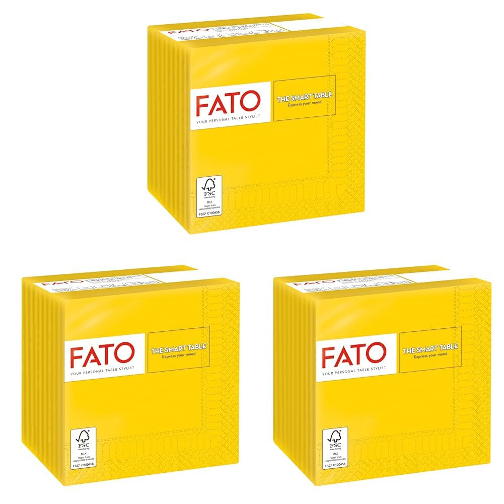 , Papieren wegwerpservetten, ideaal voor hapjes en cocktails, verpakking van 100 servetten, maat 24X24, 4-laags, 2-laags, geel, 100% puur cellulosepapier, FSC-gecertificeerd (pak van 3)