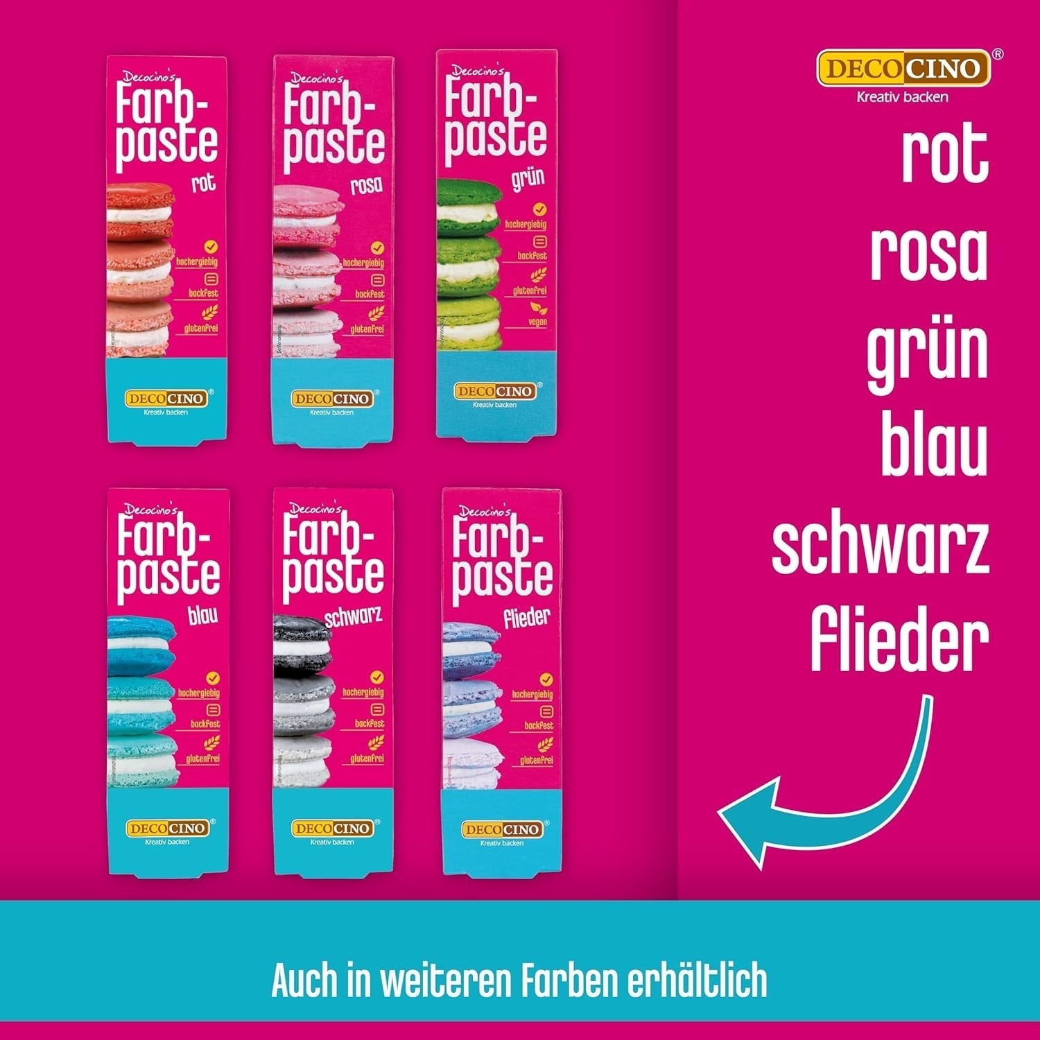Set van 6 Decocino kleurpasta's - 6 x 20 g - Kleurstof voor levensmiddelen in rood, roze, groen, geel, blauw en zwart, ideaal voor het kleuren van taarten, fondant en crèmes - Azo-vrij en glutenvrij