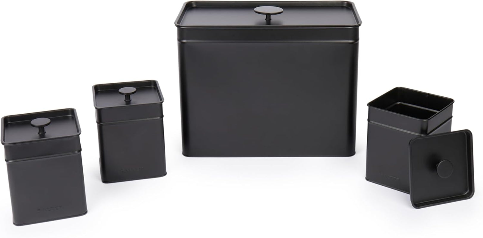 Salter BW12614EU7 Kuro Opbergdozenset - 4 Keukencontainers Brood/Thee/Koffie/Suiker Vierkante Organizer Boxen Gemakkelijk schoon te maken Houd voedsel vers Zwarte voedselopbergdozen Naty Shop