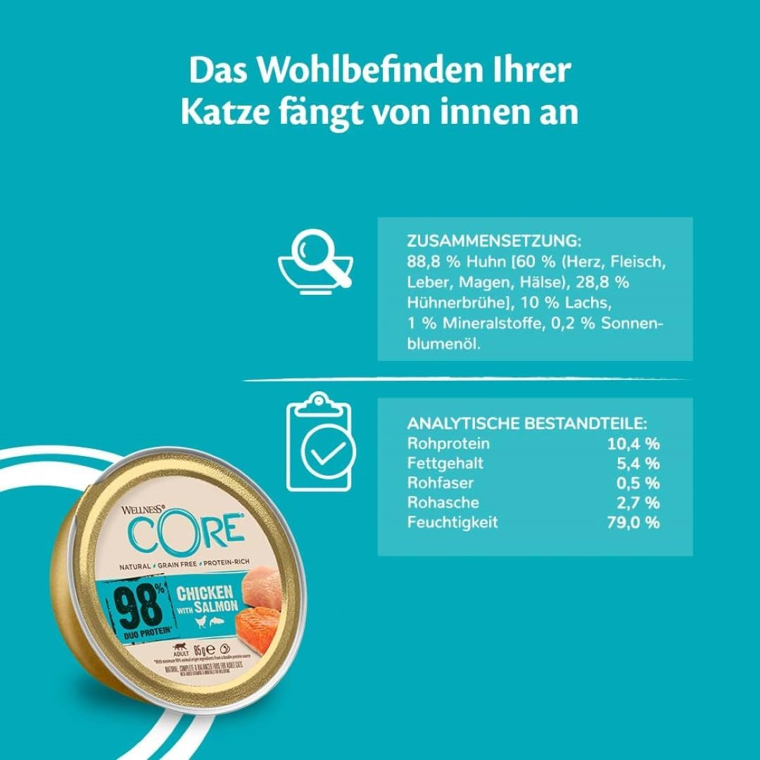 Wellness CORE 98% 12 x 85g, Kip en Zalm - Nat kattenvoer, dikke paté, graanvrij, natuurlijk, hypoallergeen, rijk aan eiwitten, rijk aan vlees