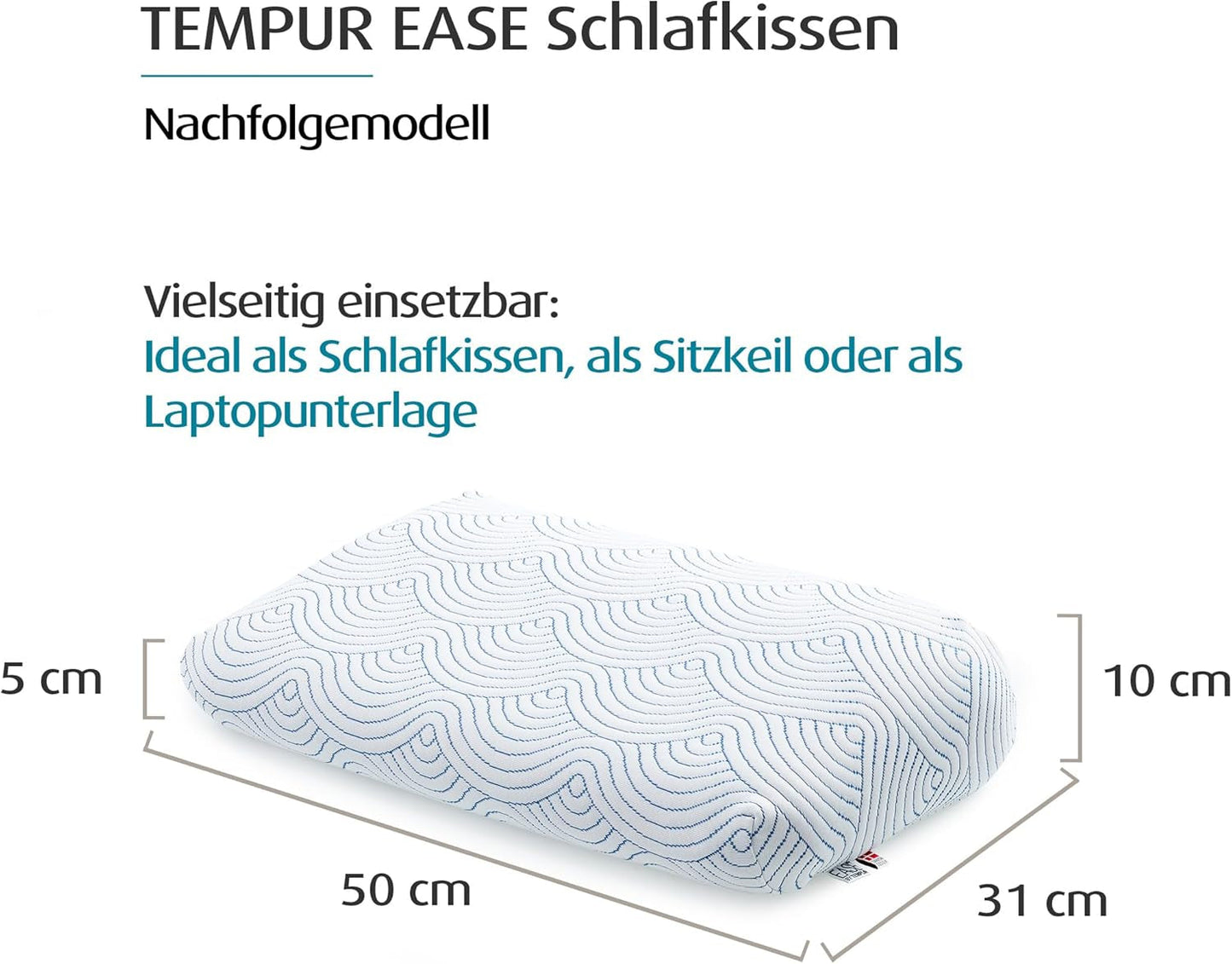 TEMPUR EASE Memory Foam Slaapkussen, Ergonomisch Neksteunkussen voor elke slaaphouding, Stevige ondersteuning, 50 X 31 X 10/5cm, Wit Naty Shop Standaard Kussens