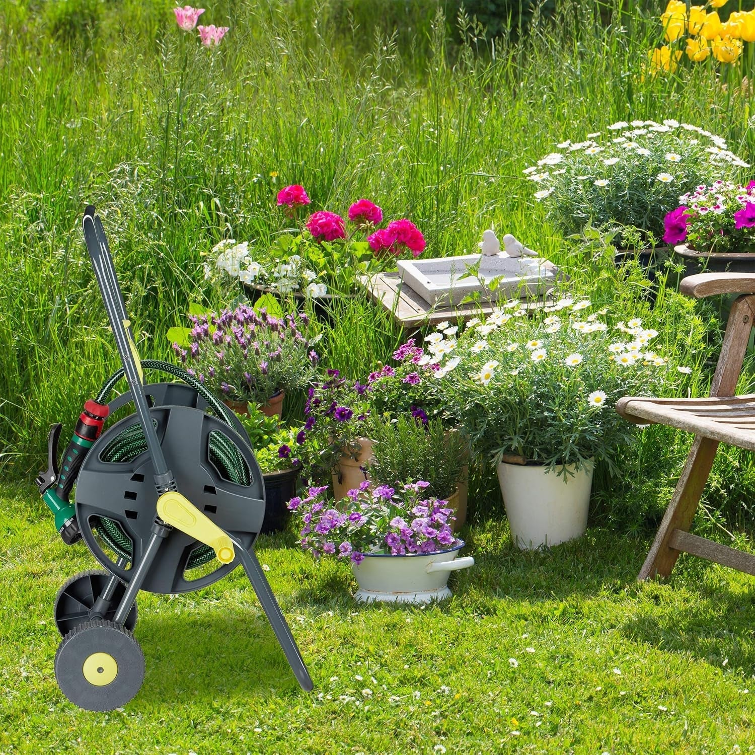 Relaxdays 45m slangenwagen, mobiele tuin- en balkonslanghaspel, met slanggeleider, 76,5x44x41 cm, grijsgeel