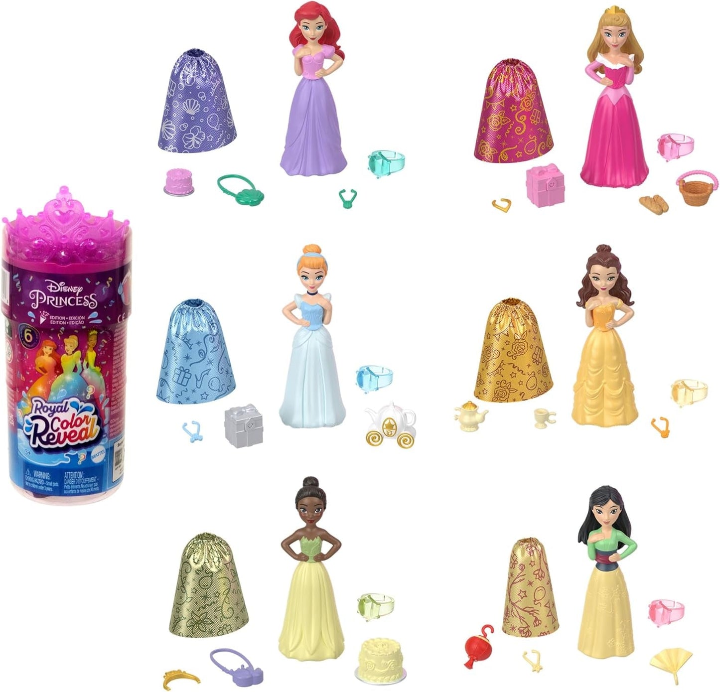 Disney Princess Color Reveal - 6 verrassende watergeactiveerde poppen, accessoires, voor kinderen vanaf 3 jaar, Ariël, Tiana, Mulan, Assepoester, Belle, Aurora, HPX39