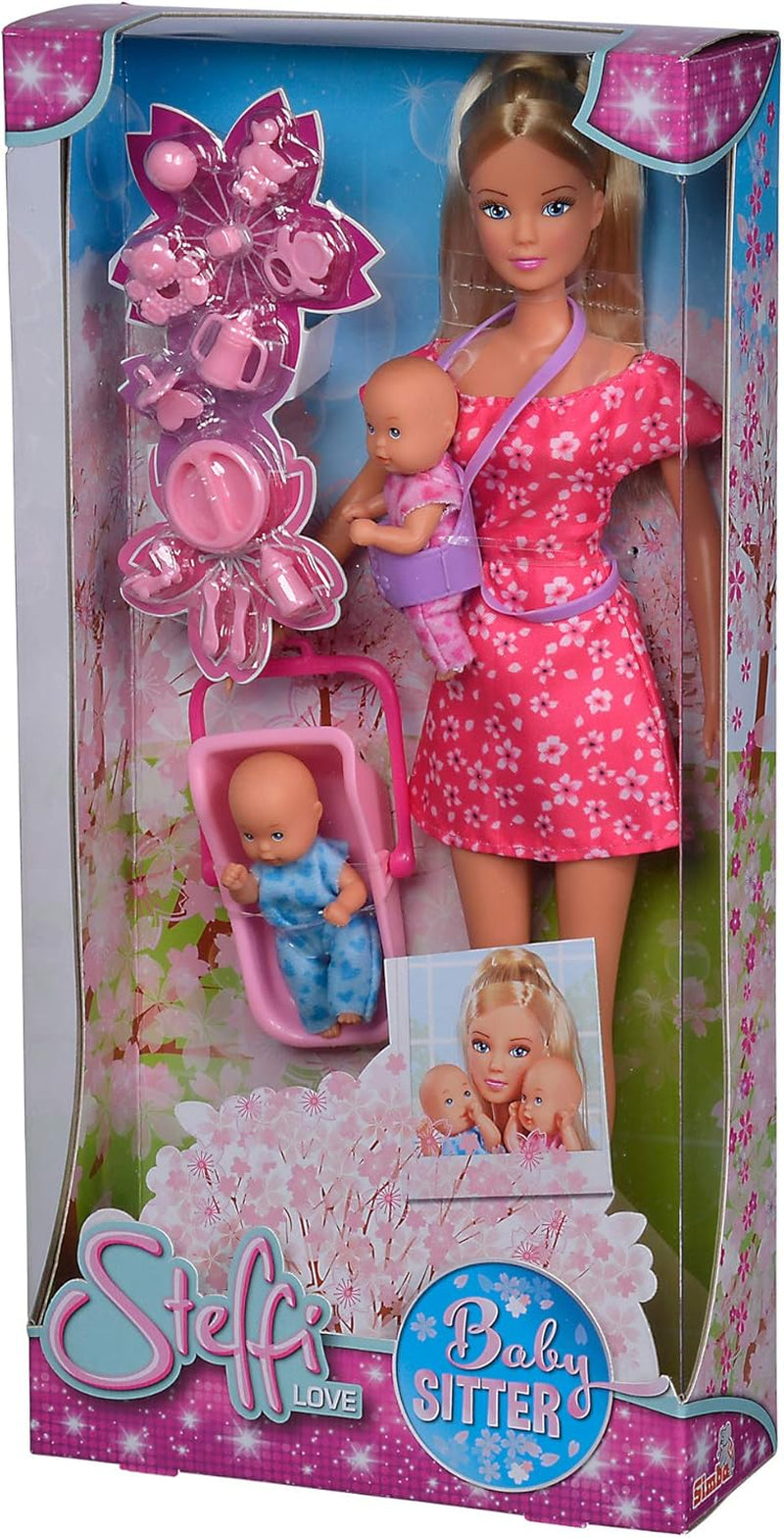 Simba 105730211 - Steffi Love Nanny, met twee baby's, draagzak en autostoeltje, accessoires, aankleedpop, 29 cm, voor kinderen vanaf 3 jaar