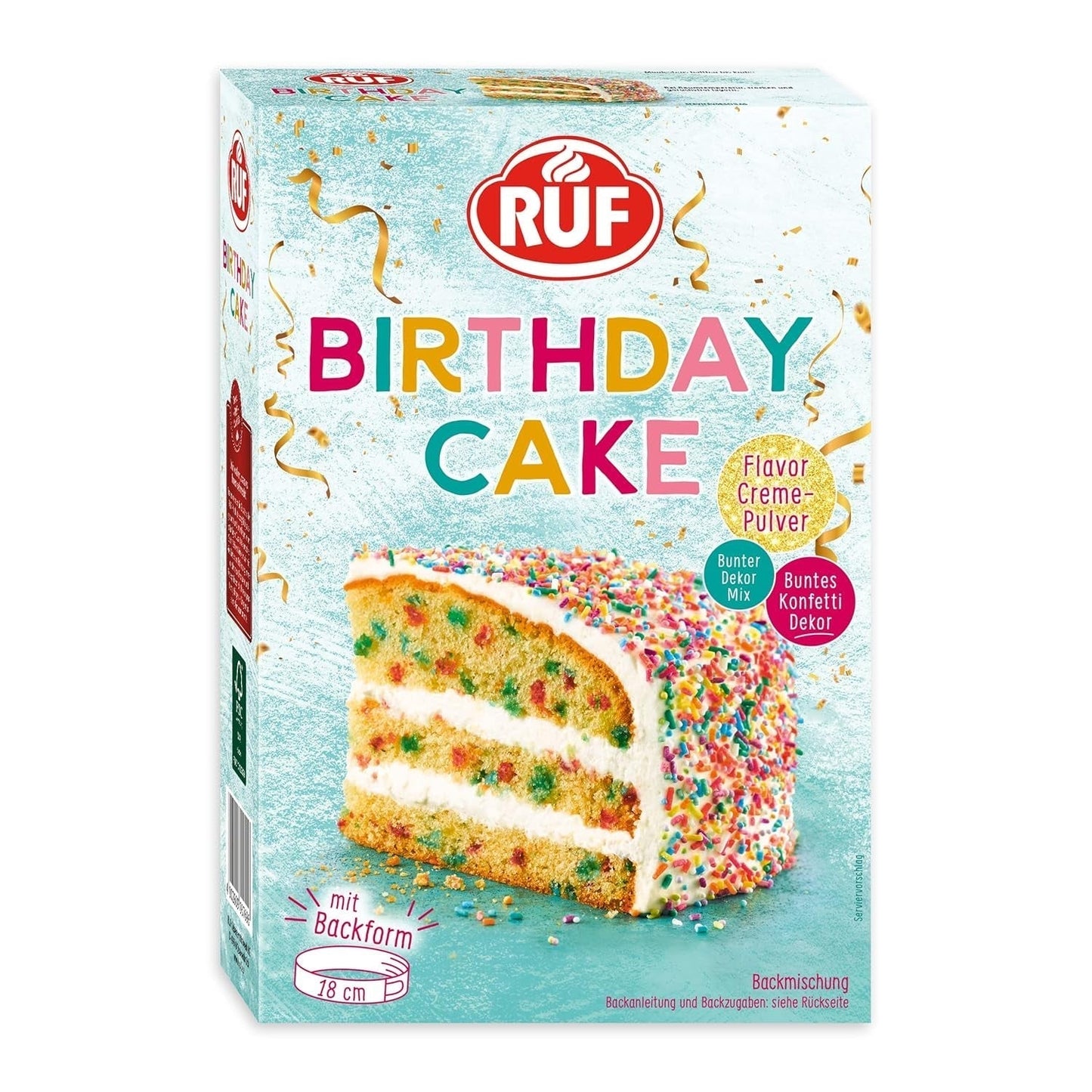 RUF Verjaardagstaart, Geburtstagskuchen, Schicht-Torte Aus Rührteig en Konfetti-Streusel, Tortencreme en Buntem Dekor-Mix, Für Kindergeburtstag, Familienfeier, Einschulung, 1X425G Icings en Decor Naty Shop 425 G (1Er Pack)