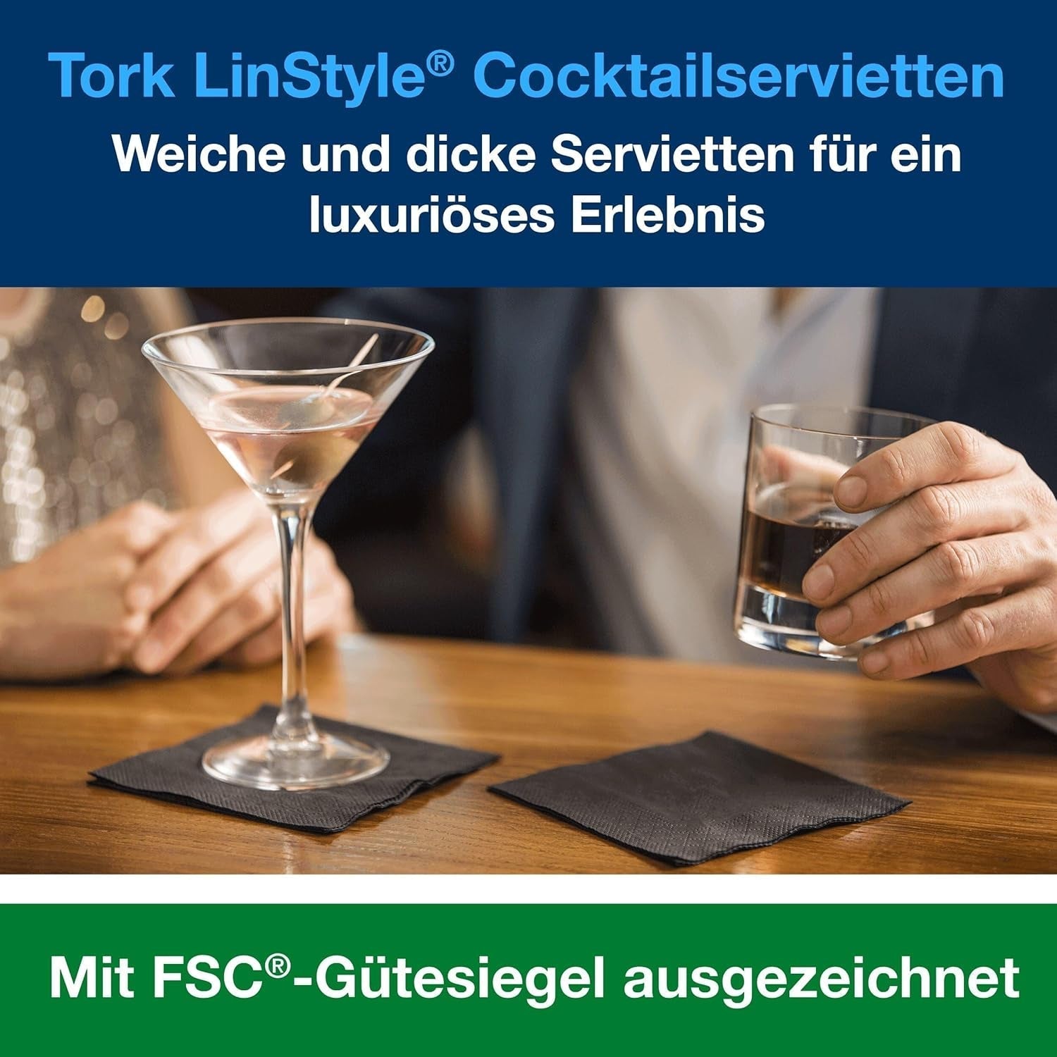 Tork Linstyle 509542 zwarte cocktailservetten, 1/4 vouw, 1-laags, 23,8 x 23,8 cm, 1 x 100 servetten